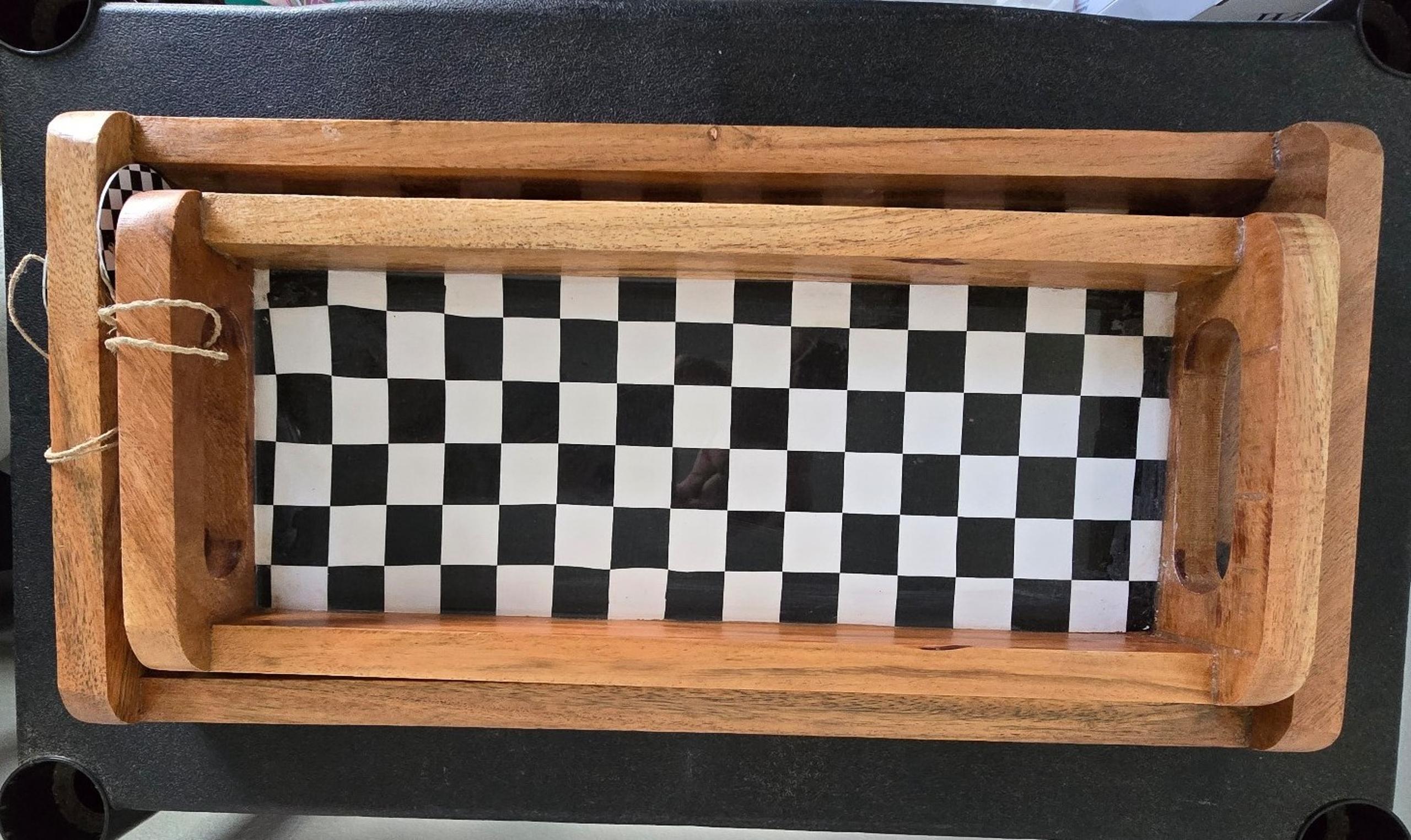 Acacia Wood Black and White Checkered Serving Trays with Handles