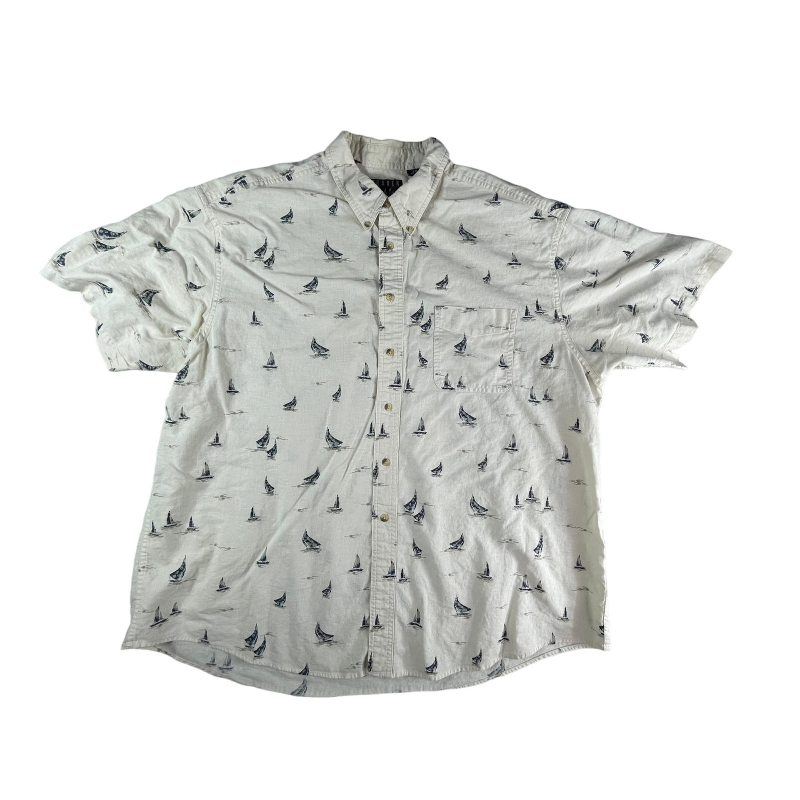 Trader Bay Shirt Mens 2XL XXL Cream Button Up Short Sleeve Linen Casual Sailboat