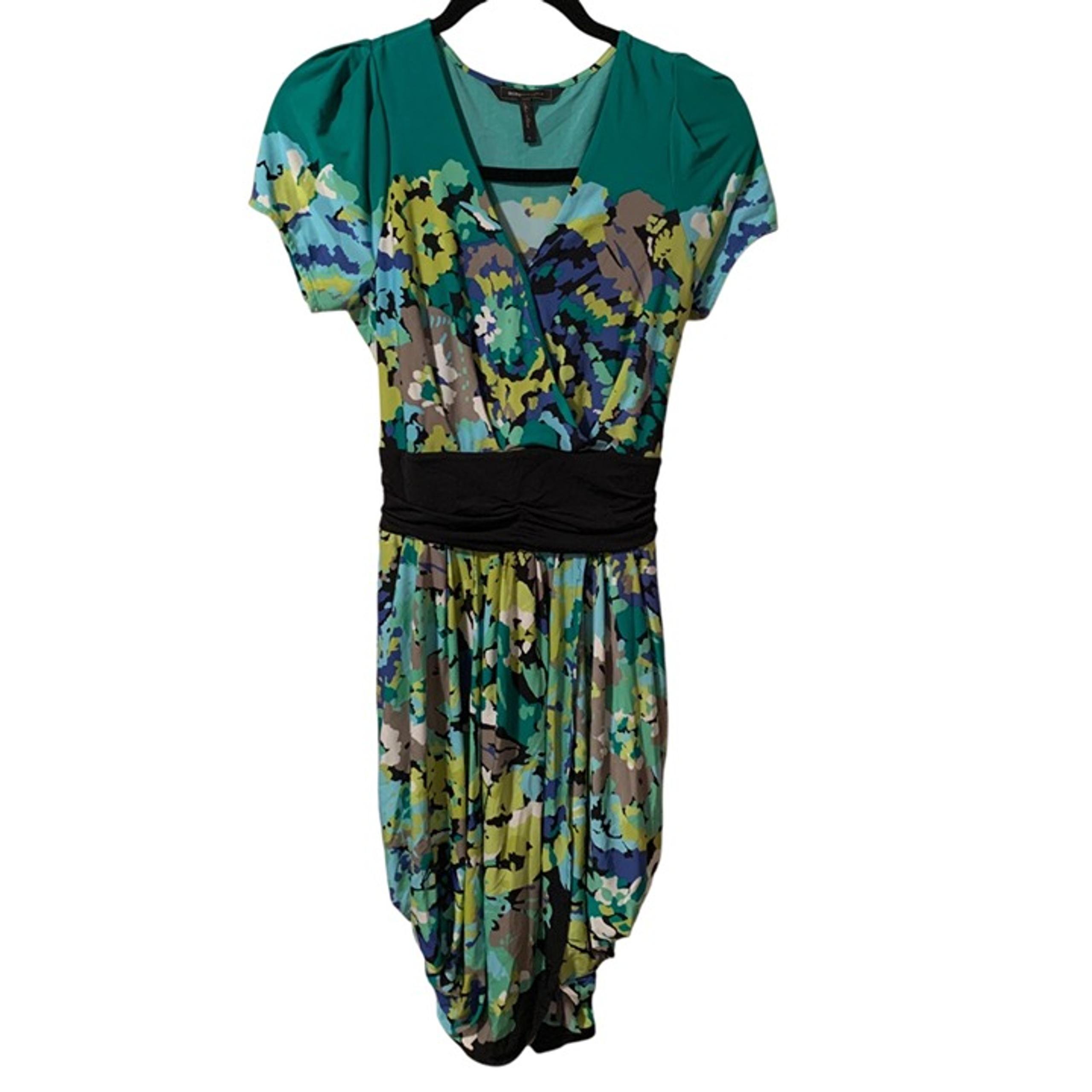 BCBG MAXAZRIA Floral Print Puff Short Sleeve Dress Ruching Pockets Sz S Chic