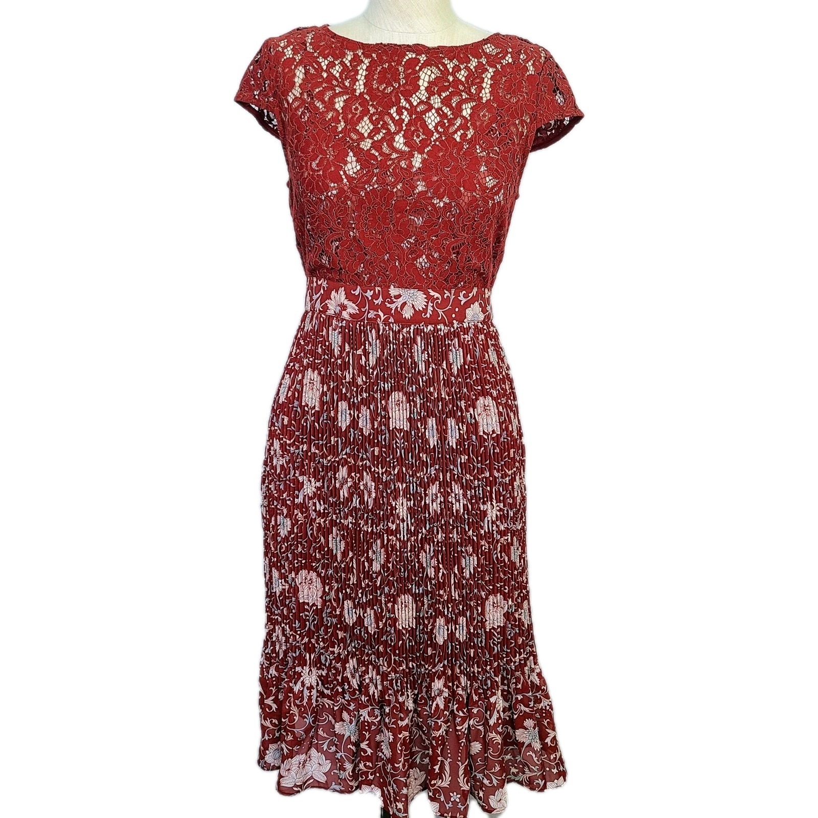 Tracy Reese Anthropologie Arcadia Dress 2 Burgundy Red Floral Lace Pleated Midi