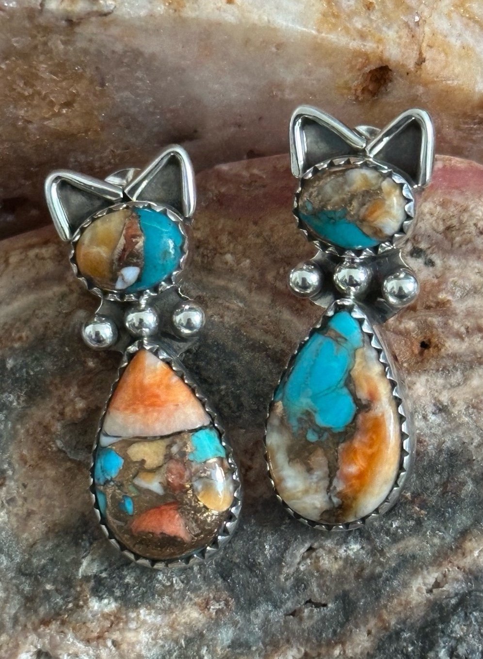 Orange Spiny Oyster Turquoise Cat Southwestern Sterling Silver Silver Earrings