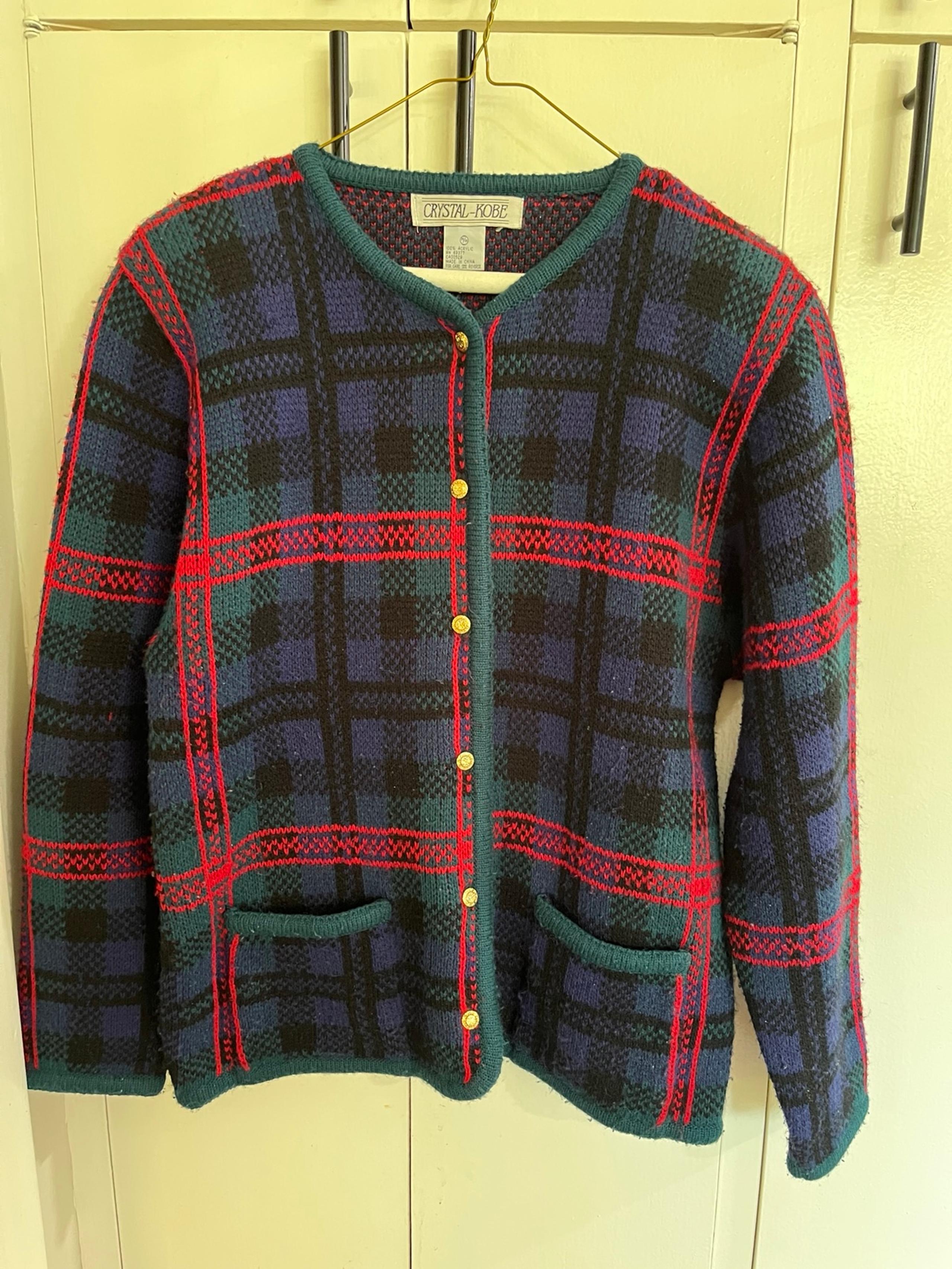 Vtg Crystal Kobe Sweater Womens medium M Plaid Gold Button Cardigan 90s blue red