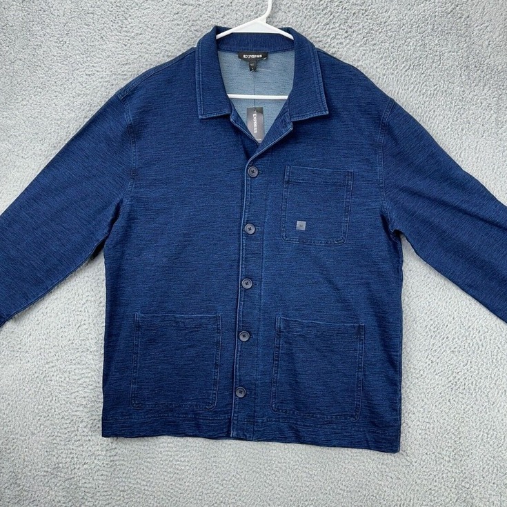 Express Button Down Shirt Adult Medium Blue Long Sleeve Stretch Pocket Mens NEW