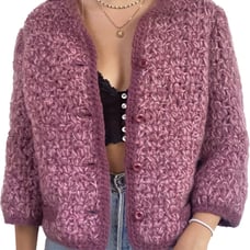 VTG Hand Crocheted Cropped Sweater Coat 3/4 Sleeve Lined Mauve SM Castilho