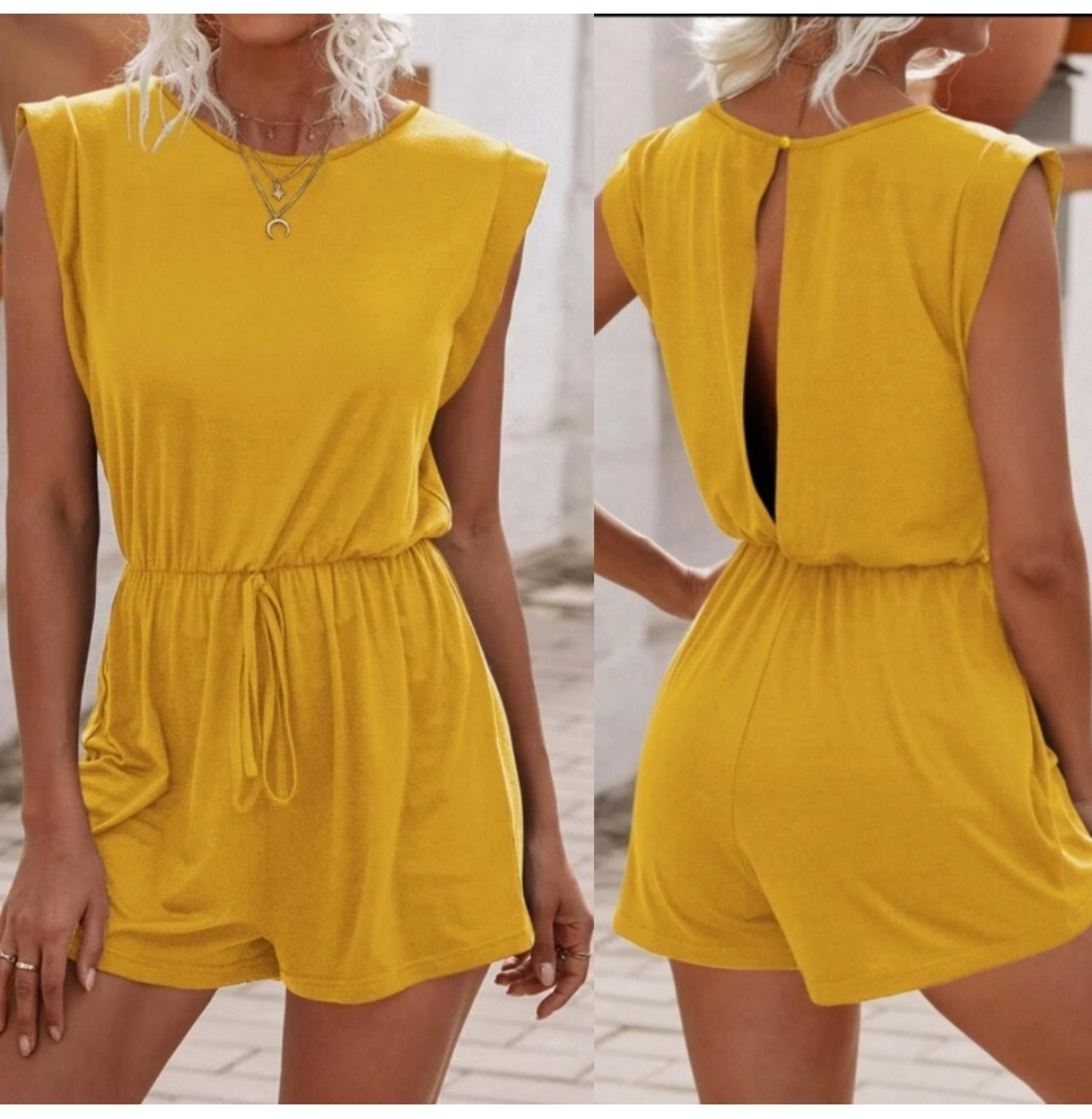 New Shein Summer Yellow Keyhole Back Romper Shorts Jumpsuit Jumper Dress