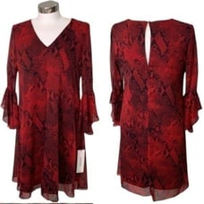 Calvin Klein Dress Boho Snake Print 3/4 Ruffle Sleeve Mini Shift Red Sz 6
