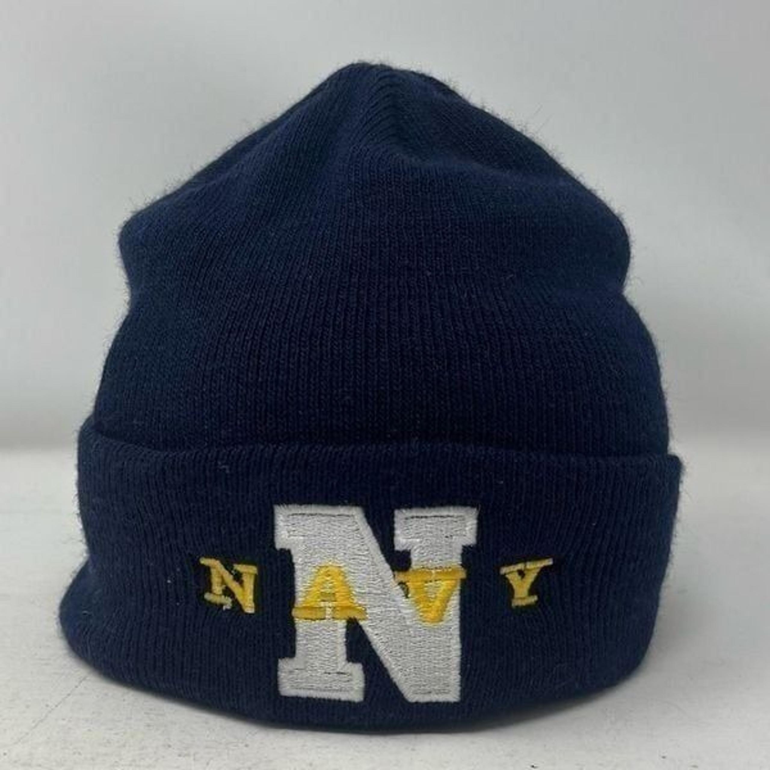 Beanie Winter Hat Cap Knit Cuffed Embroidered Acrylic Navy Blue Mens One Size