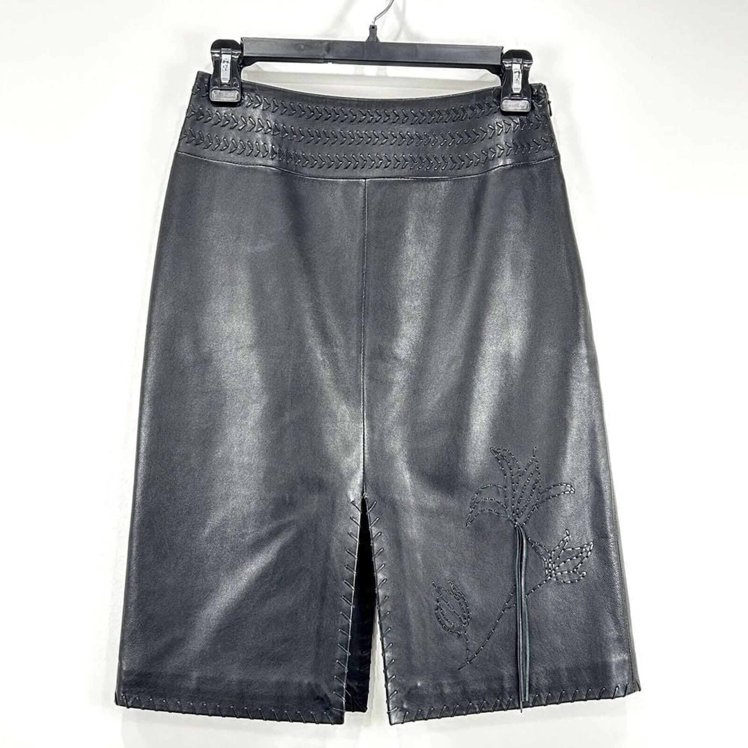 Vakko Leather Skirt Women's 0 Black Floral Fringe VTG Goth Grunge Straight