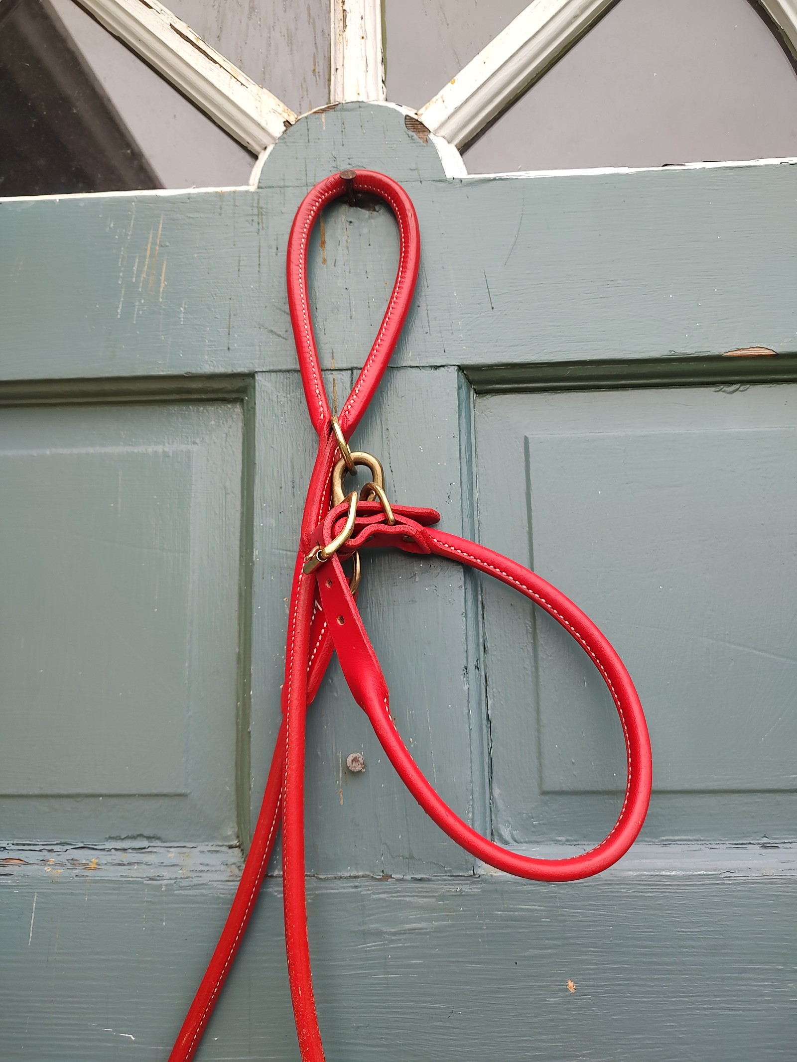 Hand woven made in Newport RI, red genuine leather dog leash & collar and leash