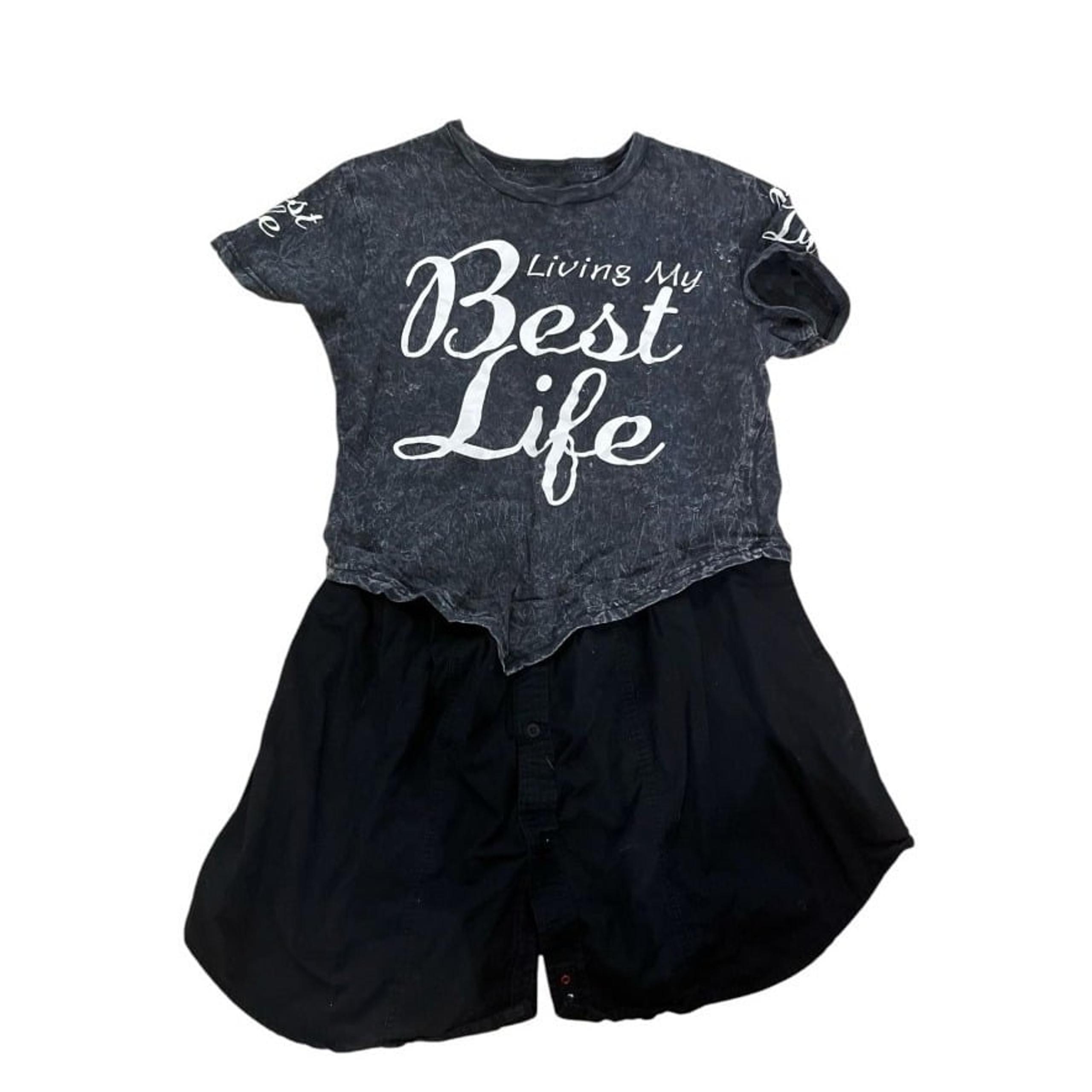 Upcycled T-Shirt Dress "Living My Best Life "Acid Wash Black L