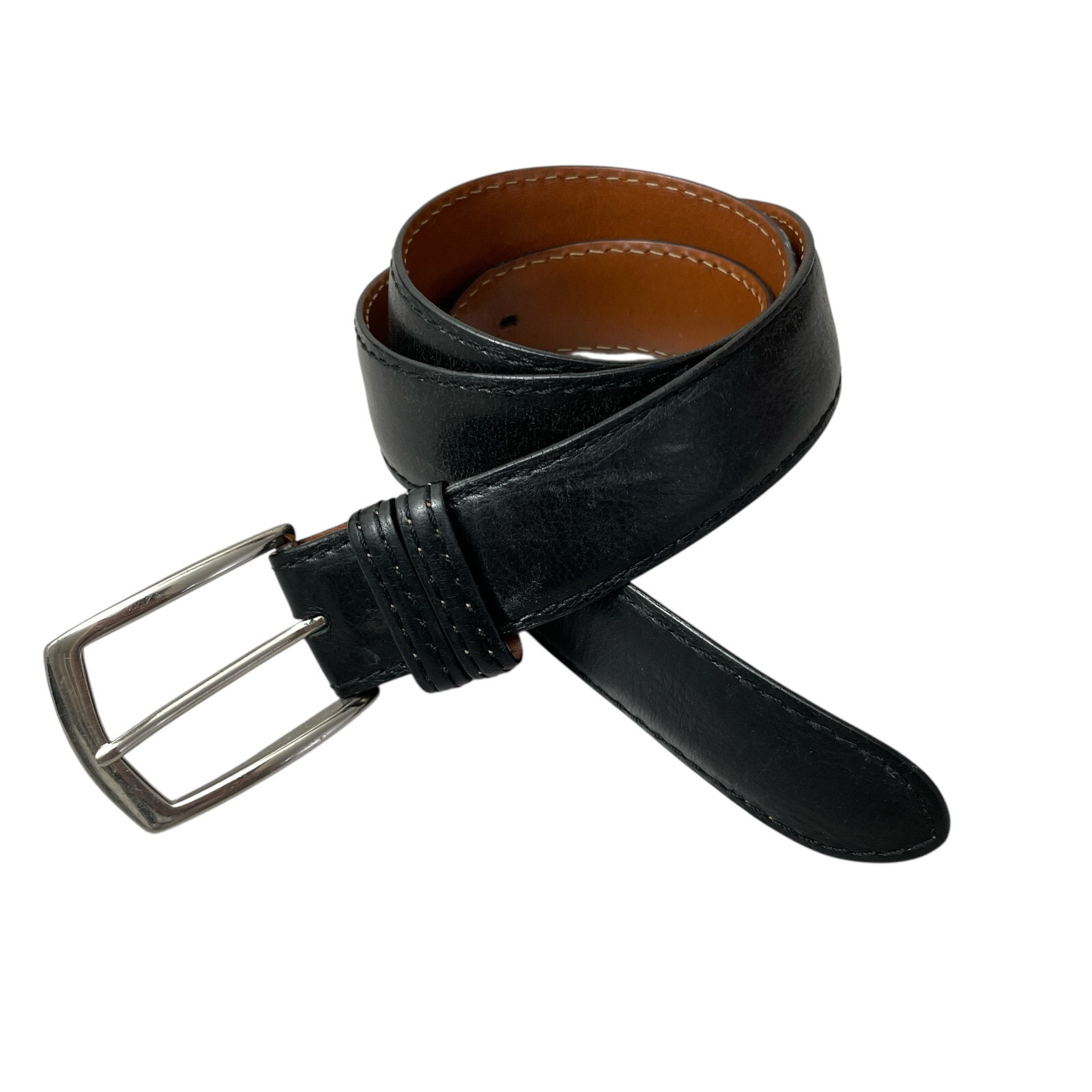 J Hilburn Black Leather Belt 35 Mens Silver Buckle Classic Casual Handcrafted US
