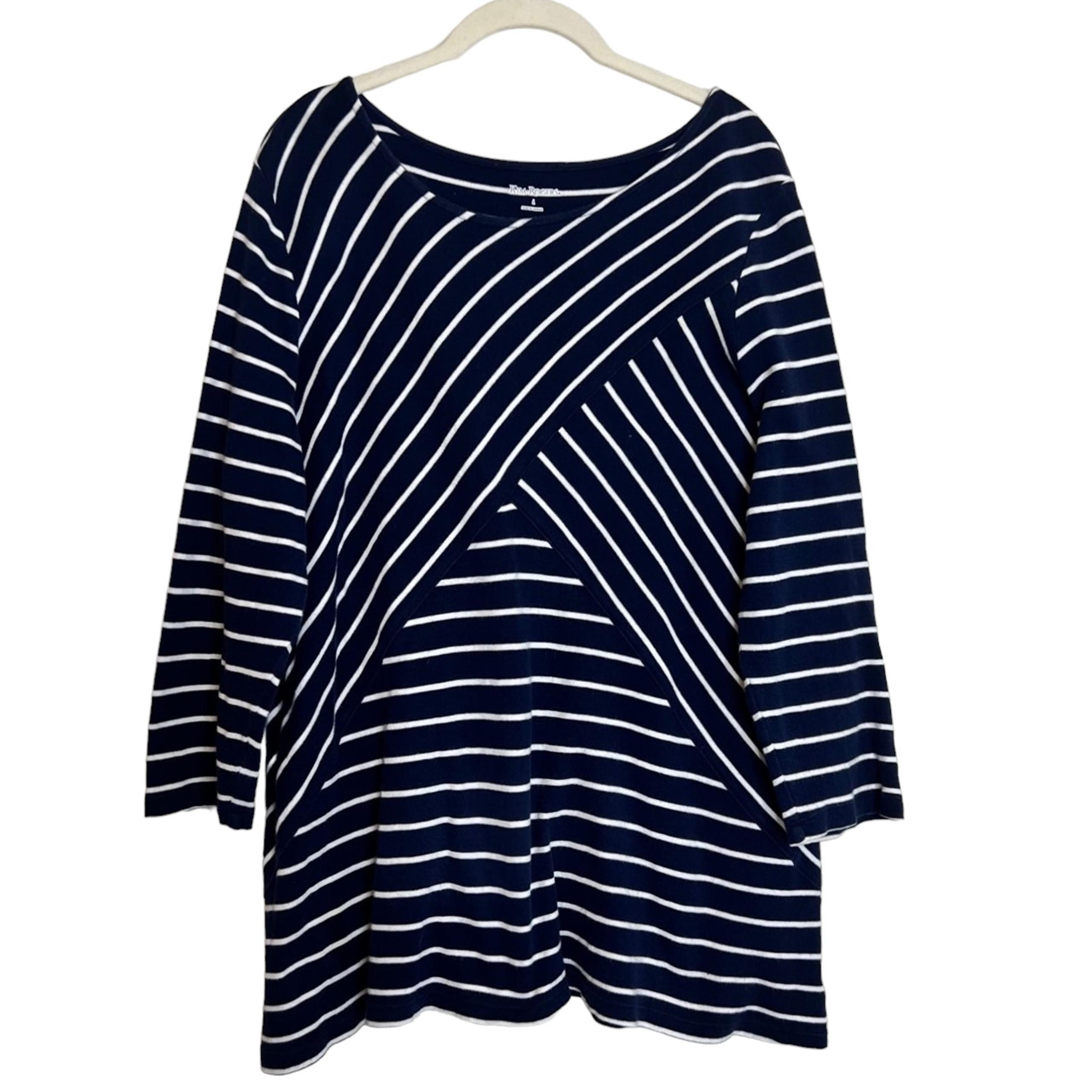 Kim Rogers Womens Knit Top Large Navy Blue Mixed Stripes 3/4 Sleeve 100% Cotton