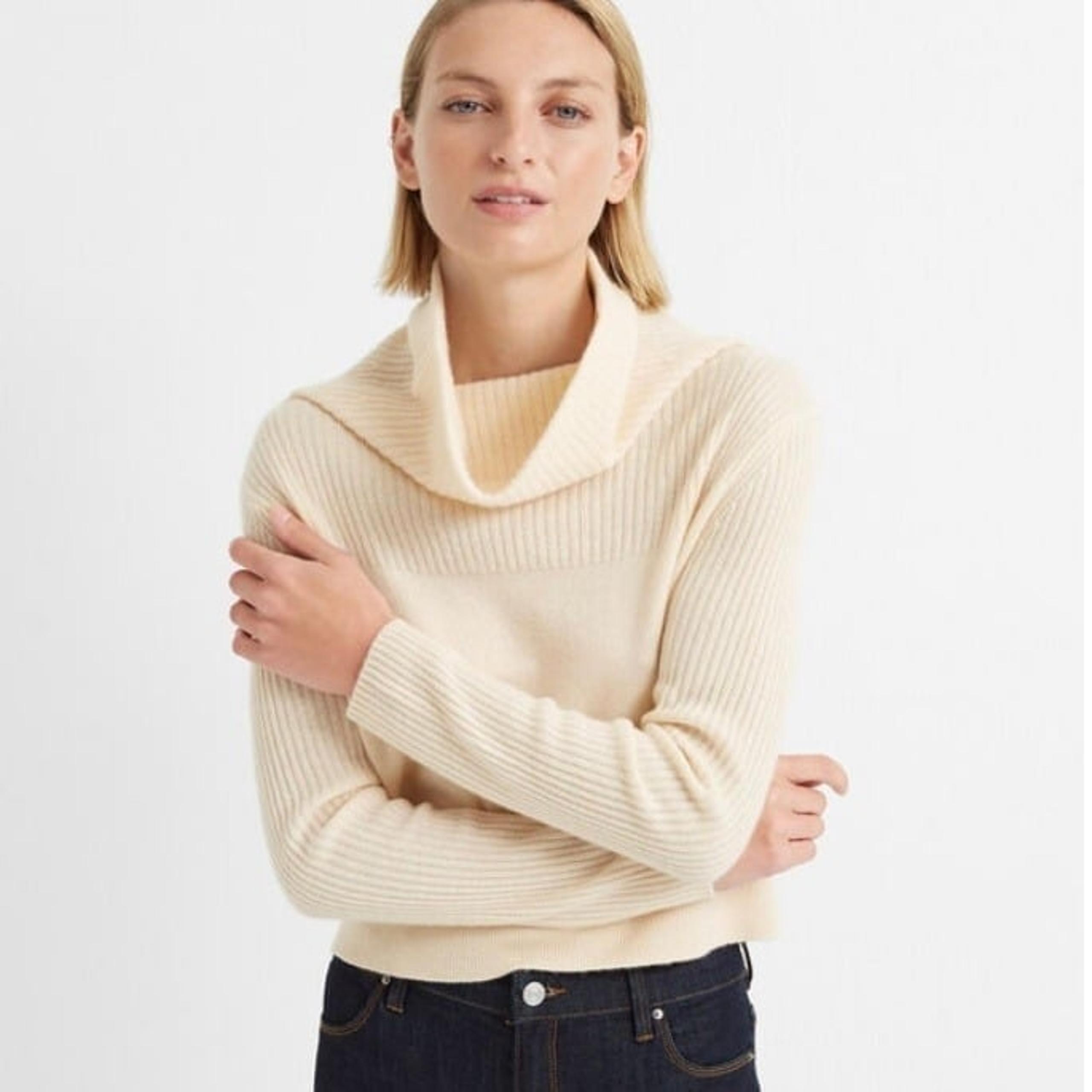 Cashmere Cowlneck Rib Sweater Long Sleeves Buttercream Womens Small - Club Monaco