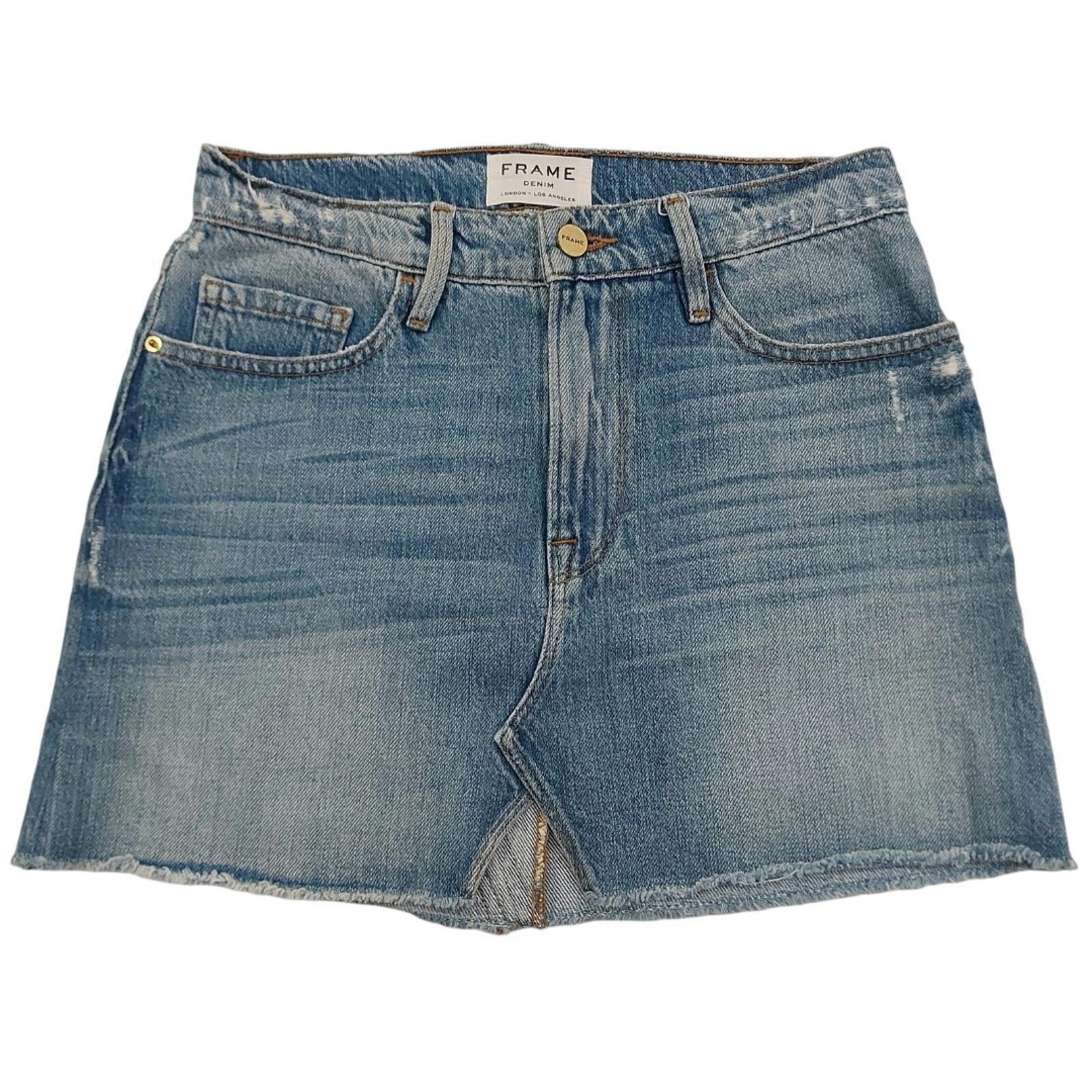 Frame Le Mini Stoneview Denim Skirt Womens 24 Blue Preppy Raw Hem Distressed