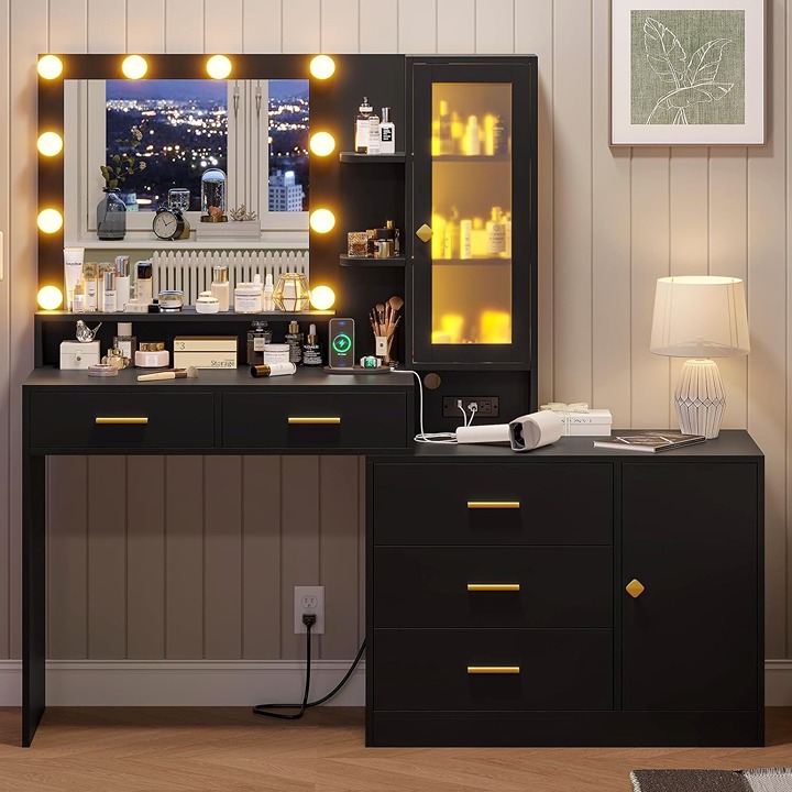 Large Makeup Vanity Desk with LED Mirror Dressing Table with Storage Shelves