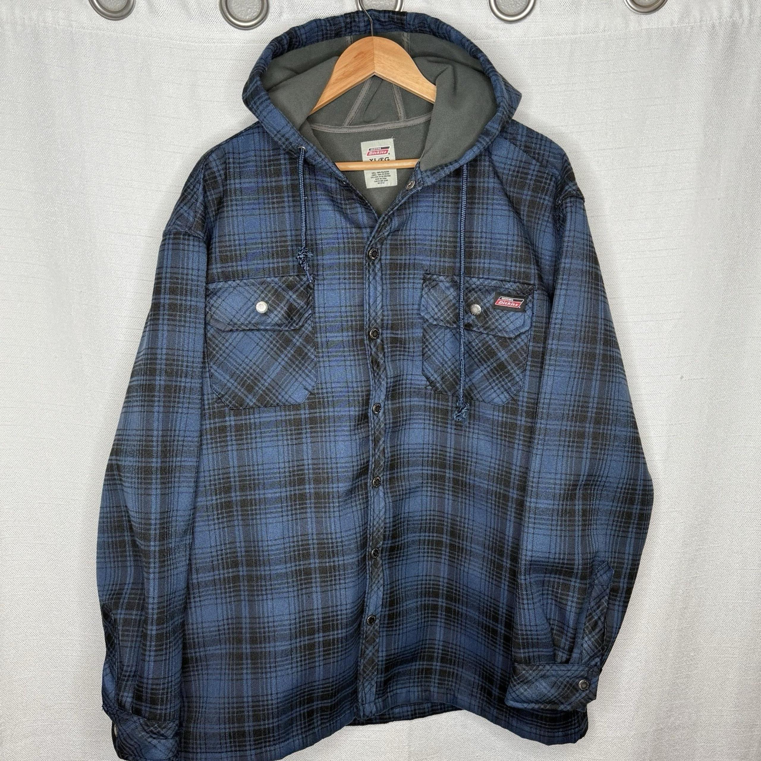 Dickies Jacket Mens XL Blue Black Plaid Flannel Hooded Snap Up Workwear Street