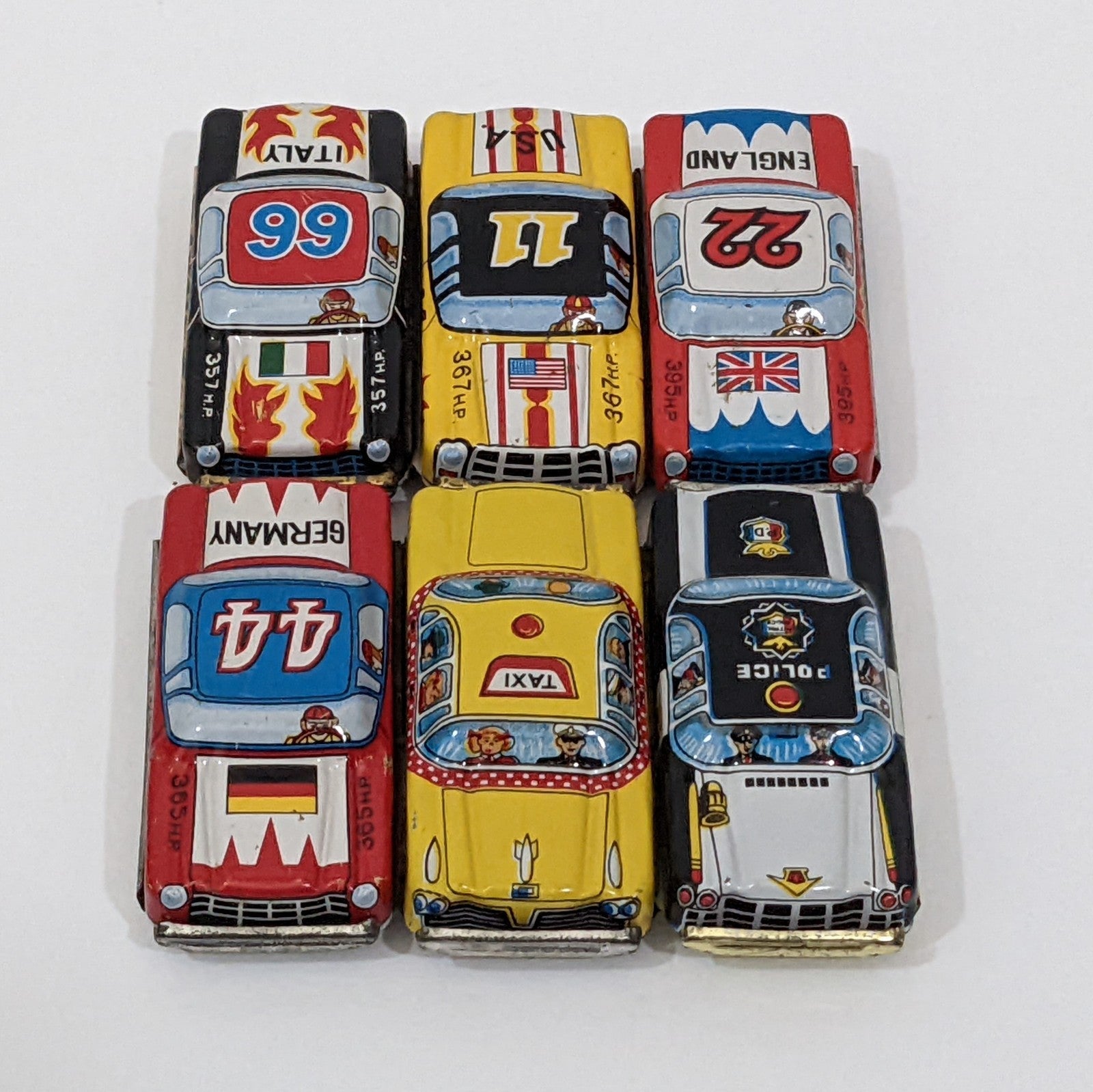 6 Vintage Tin Litho Collectible Toy Cars Race Police Taxi Made in Japan