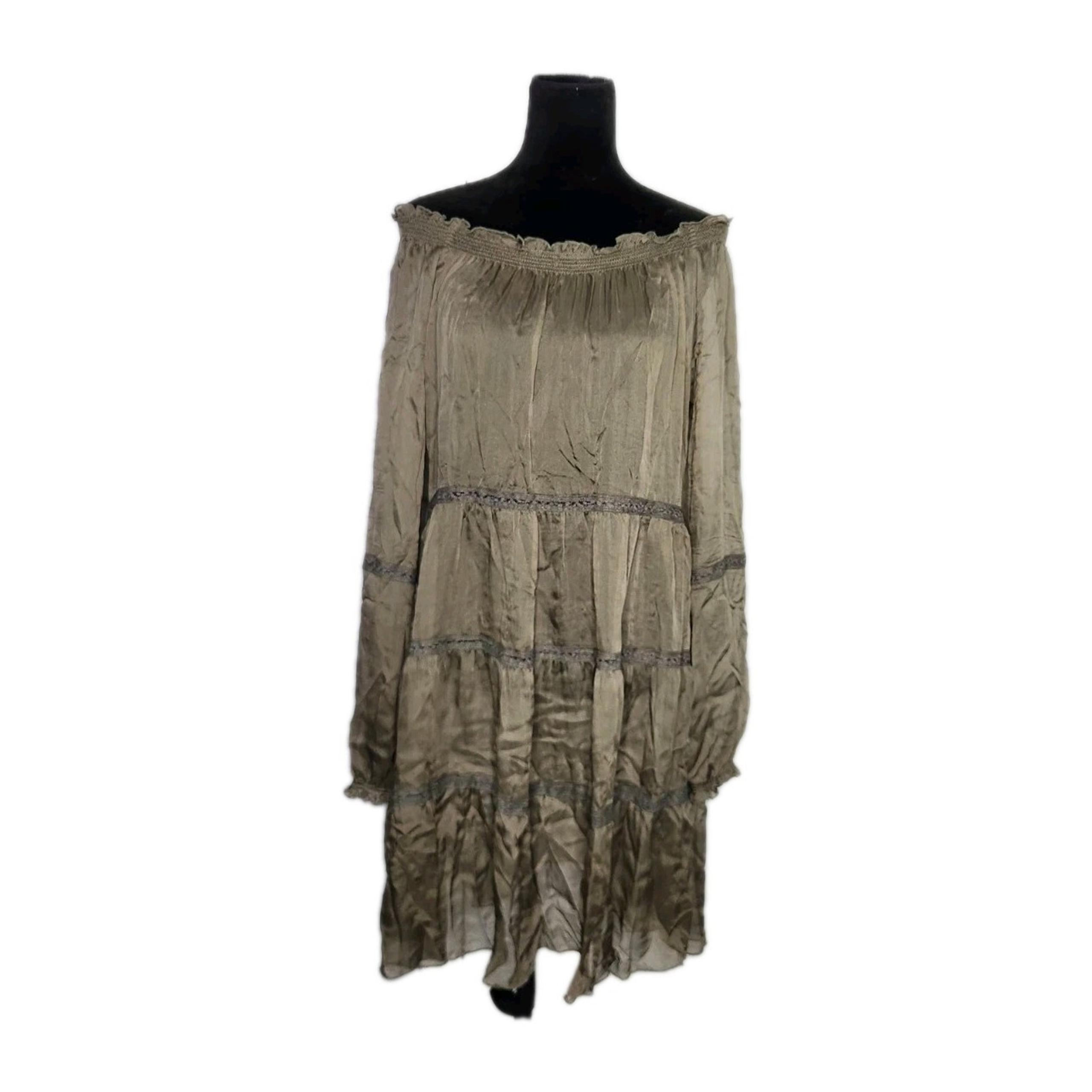 Josie Natori 100% Silk Green Tiered Sheer Off the Shoulder Mini Dress size 8