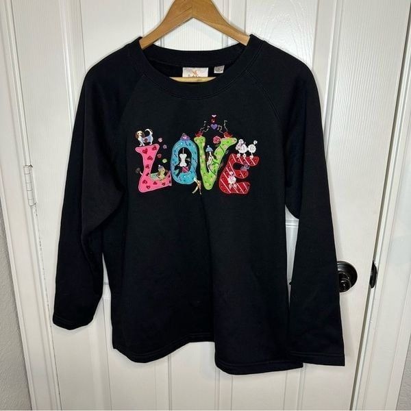 VTG Quacker Factory Black 3D LOVE Dogs Novelty Print Beaded Sweatshirt Sz L Glam