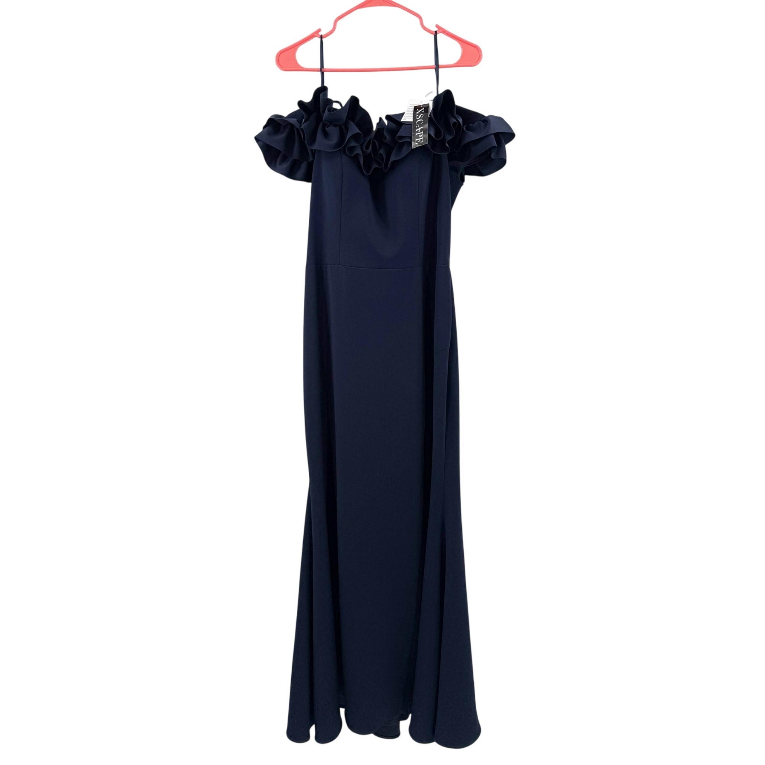 XSCAPE Dress Size 14 Ruffle Off The Shoulder Scuba Slit Evening Gown Navy NWT