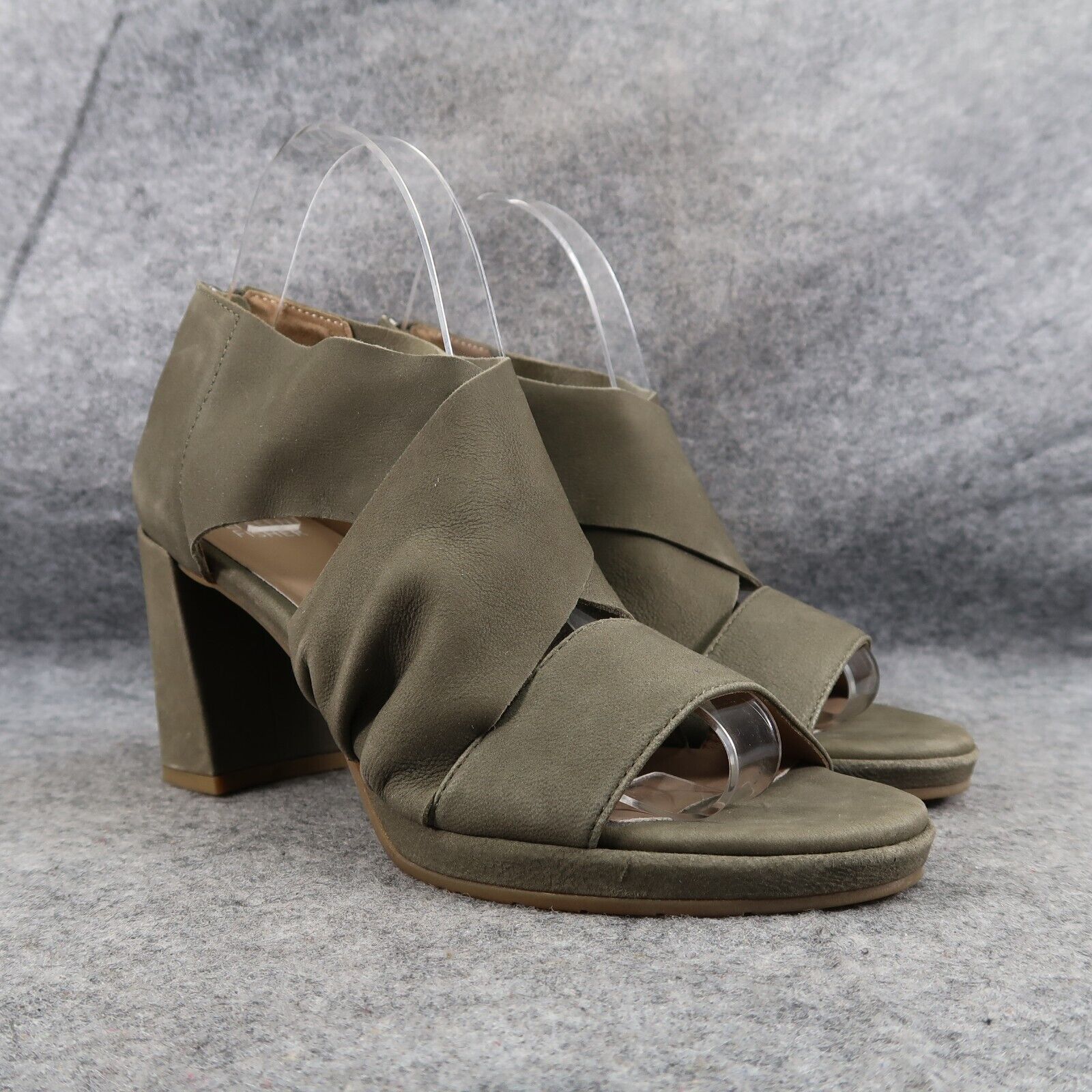 Eileen Fisher Shoes Womens 7.5 Sandal Block Heel Fashion Marla Leather Olive Zip