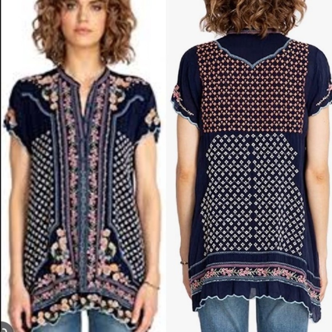 Johnny Was Blue Moji Short Sleeve Embroidered Tunic Top S