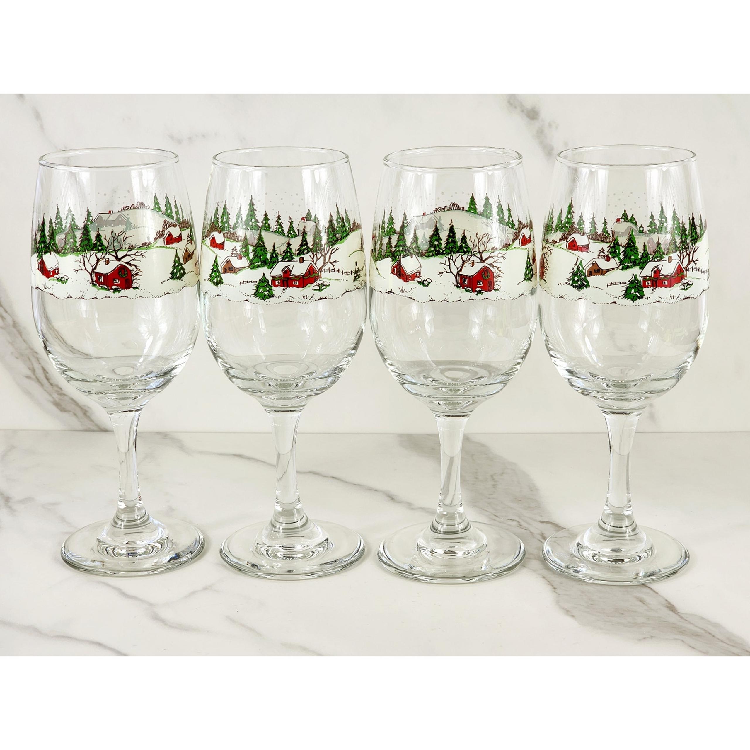 Libbey Winter Village Christmas Drinking Clear Wine Water Glass 12oz x4 Vintage