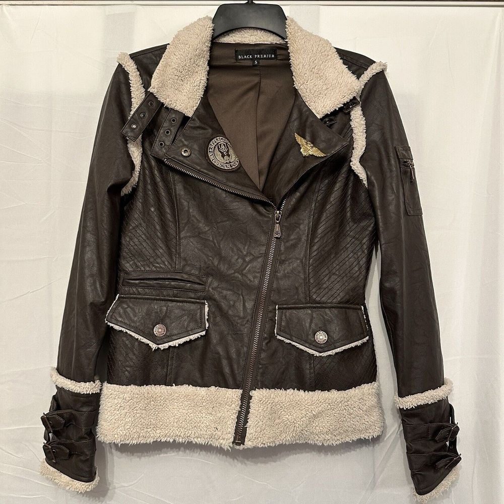 Affliction Black Premium Dark Brown Bomber Jacket Women's Size Small Patches
