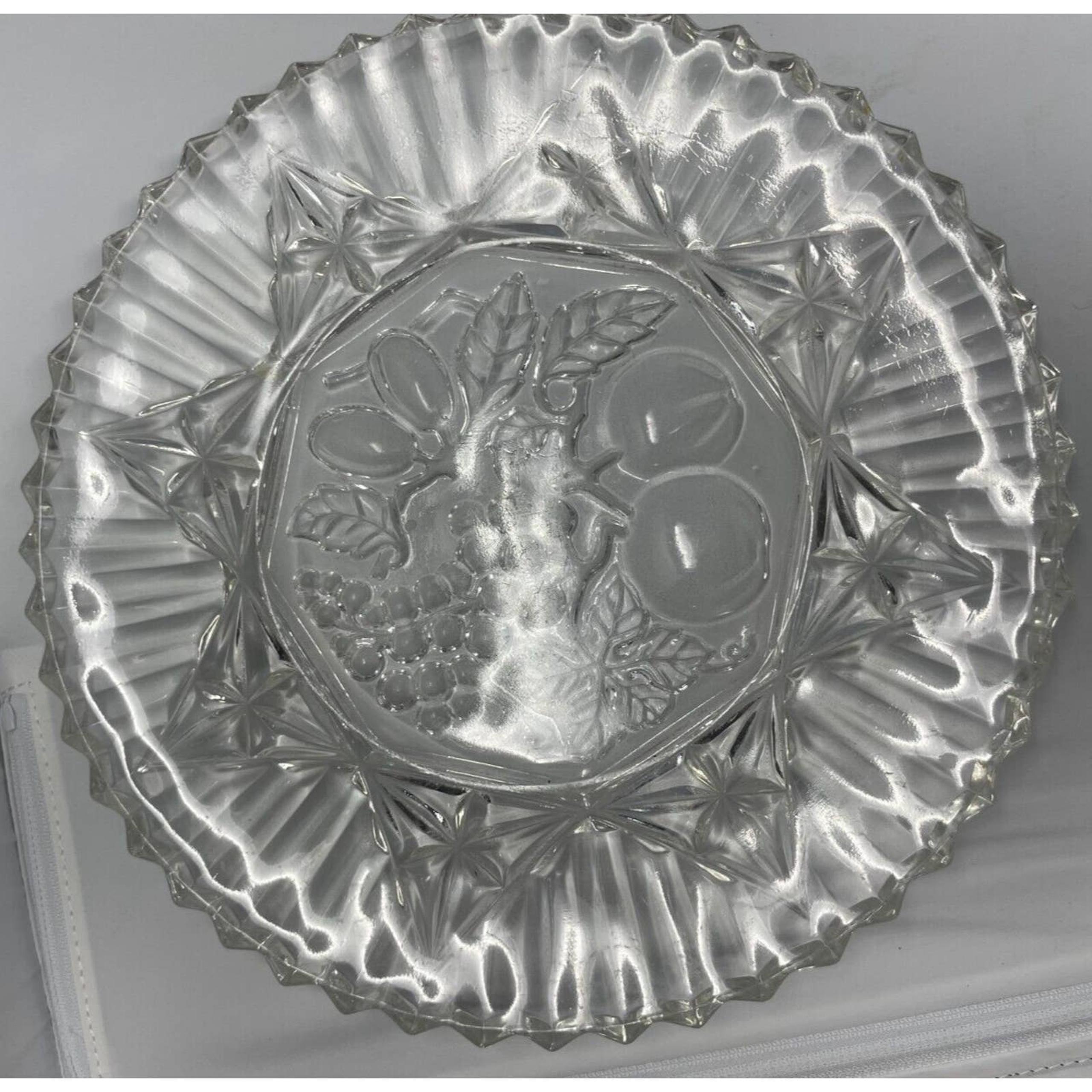 INDIANA GLASS FRUIT ROUND SERVING PLATTER 11" CAKE PLATE CRIMPED VINTAGE DISH