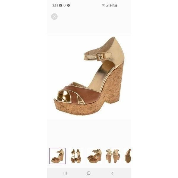 Jimmy Choo Brown/Metallic Gold Leather Pape Mirrored Cork Wedge Sandals Size 7