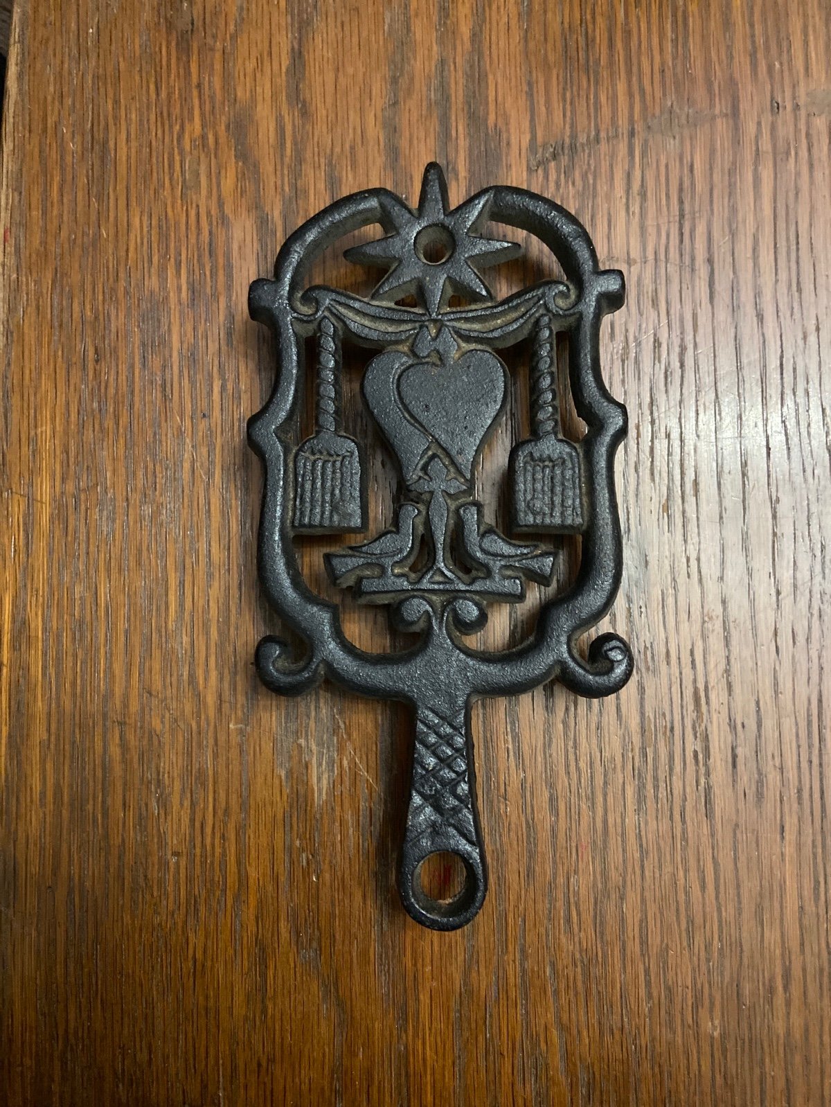 Vintage Cast Iron Footed Trivet Love Birds Hearts Brooms Stars