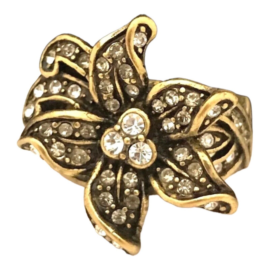 New Heidi Daus Ring Crystal Cocktail Bronze Clear Crystal Accents Floral 6M