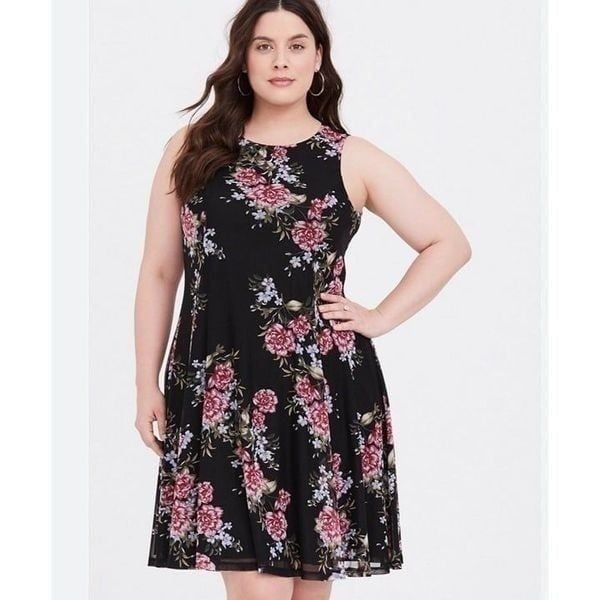 Torrid Black Mesh Floral Trapeze Dress Size 2