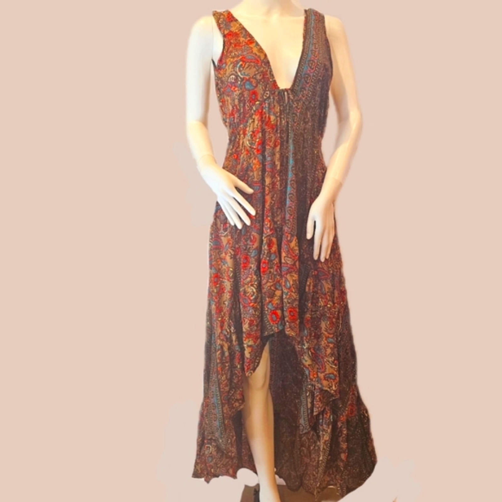 KARMA Hwy Tan Teal Ruffle Hi Lo Sangria BoHo Dress OS New