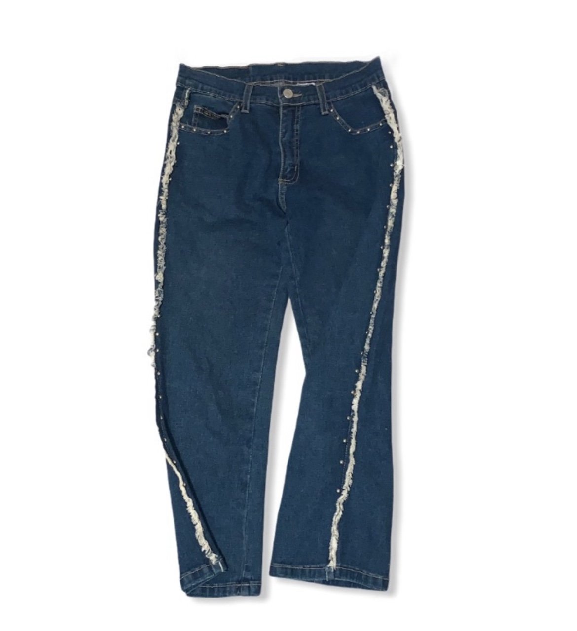 Y2K Windsor Beaded Fringe Studded Cropped Capri Jeans Sz 3 Blue Silver White
