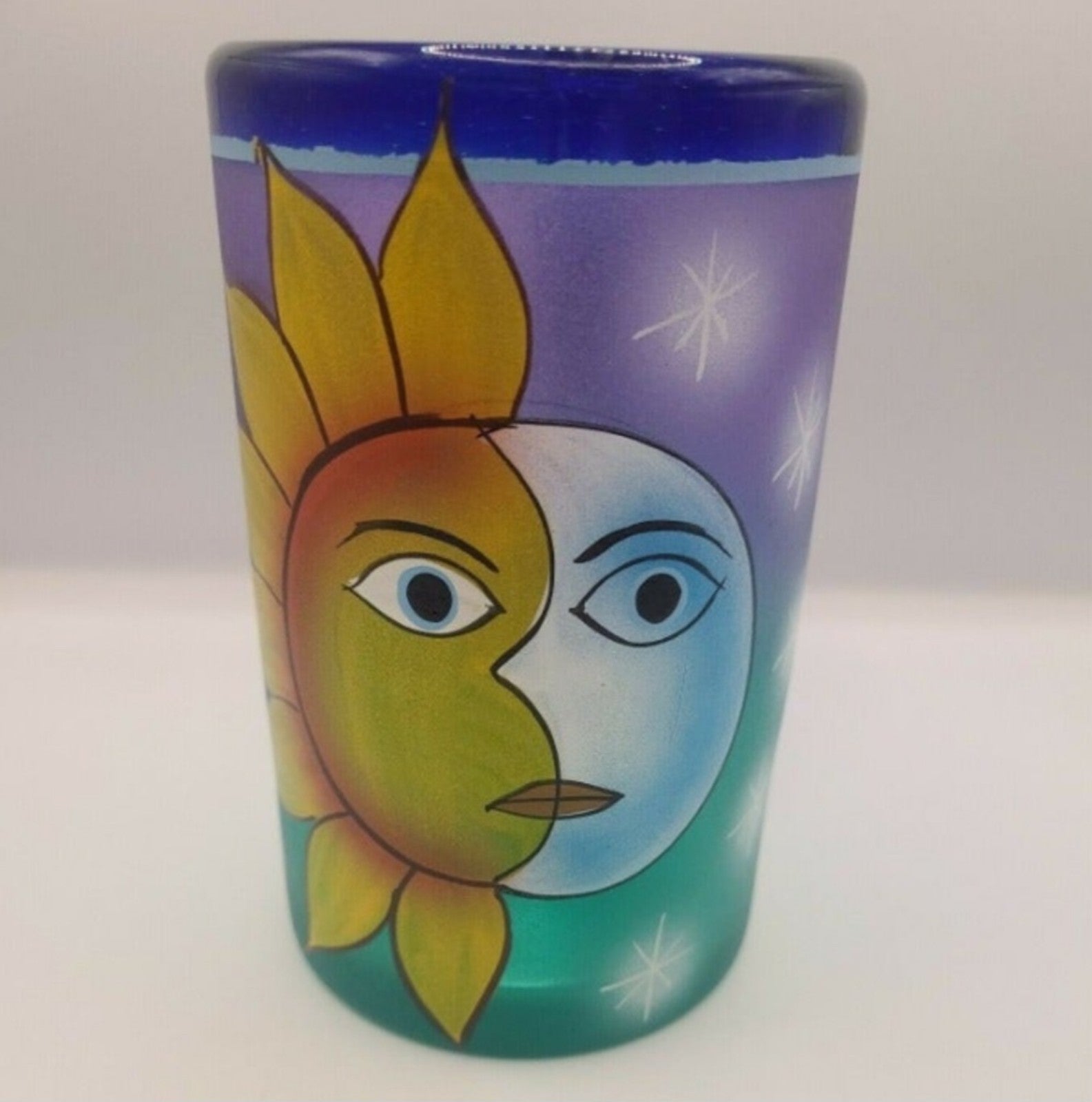Celestial Mug Sun and Moon Face Cobalt Blue Painted