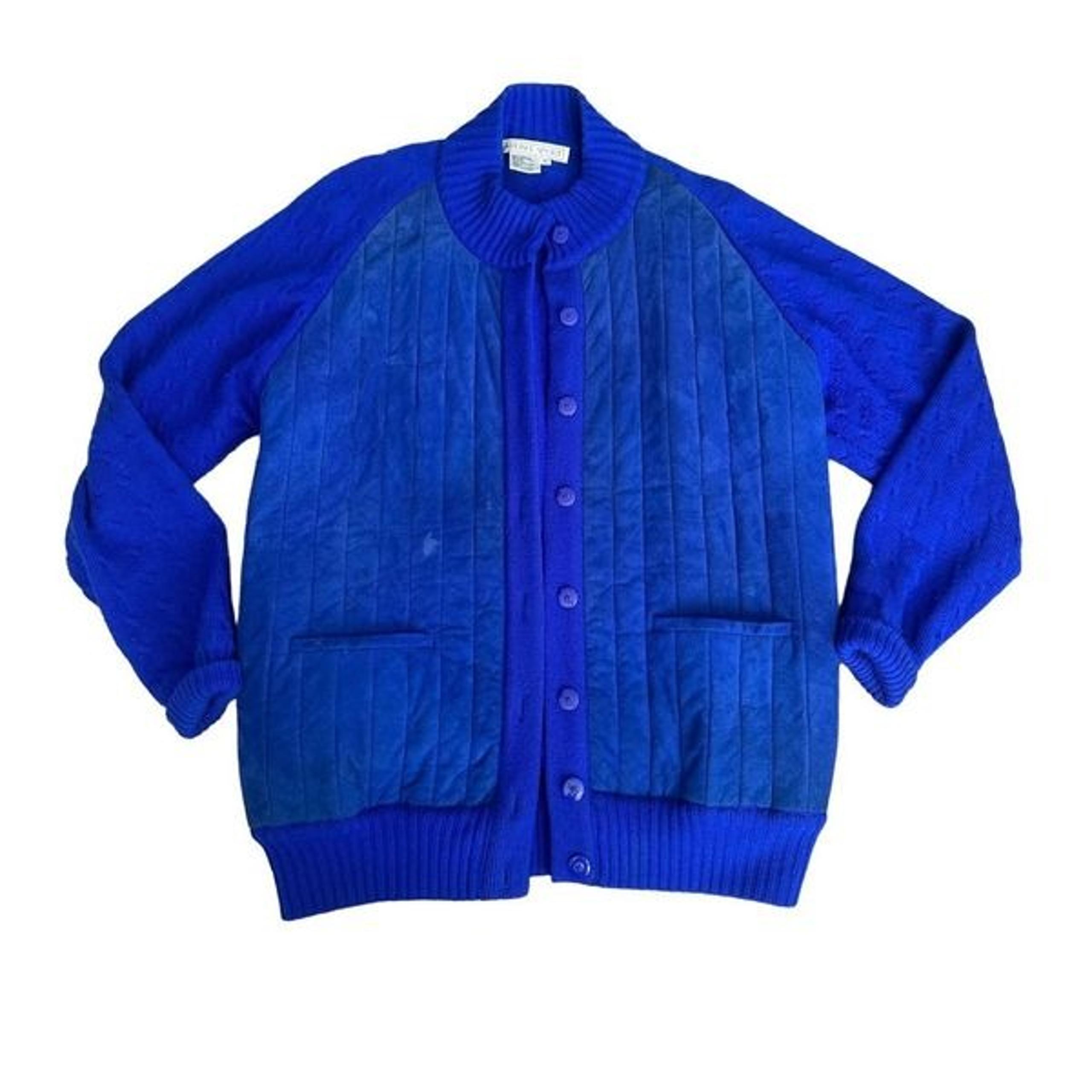 vintage carlisle/sport lambswool suede blue sweater cardigan jacket size large