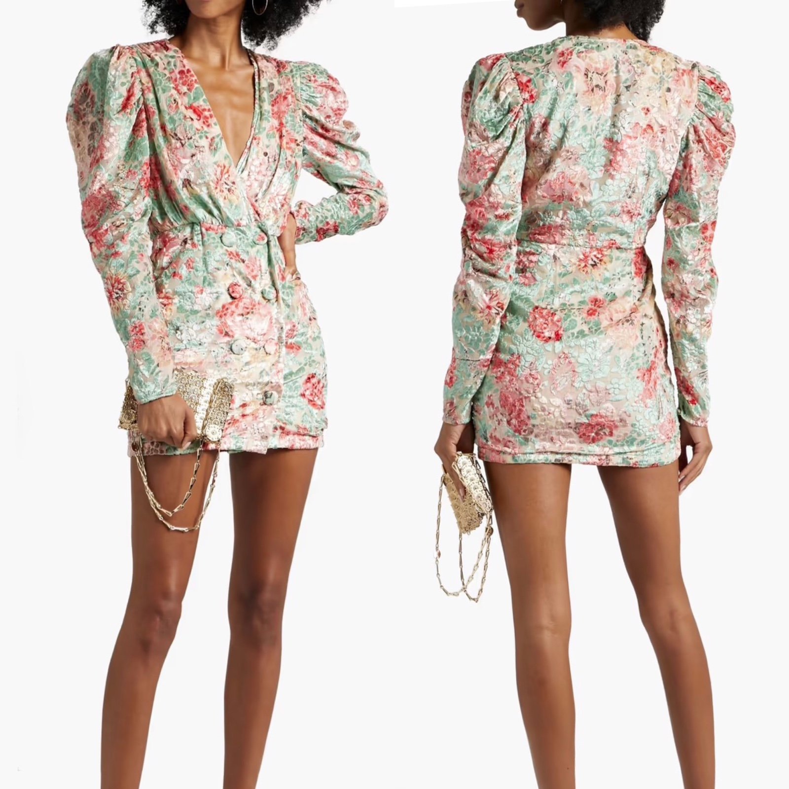 HEMANT & NANDITA Olivia double-breasted print devoré-velvet mini dress Sage