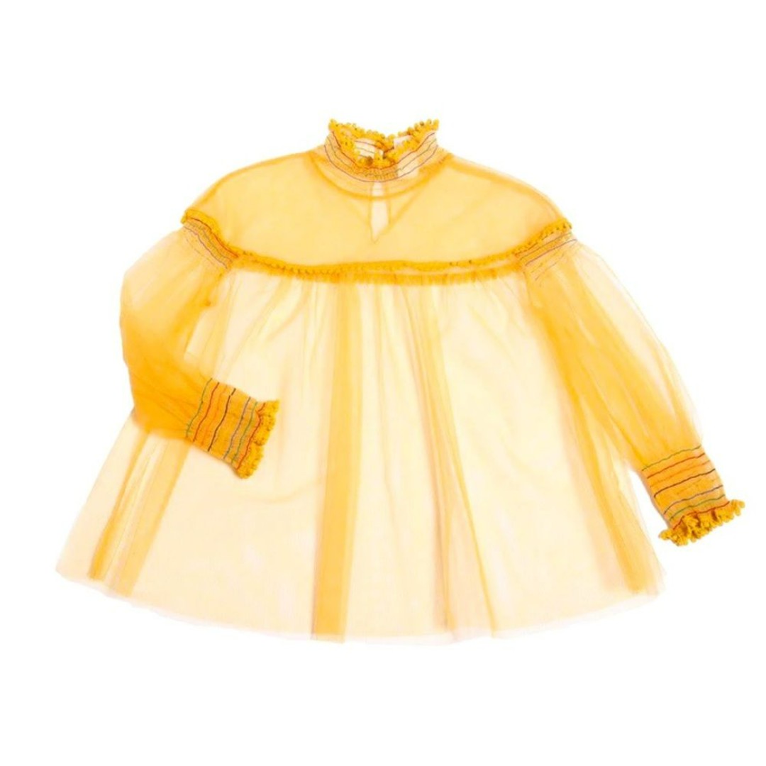 Tia Cibani Marigold Antoinette Smocked Blouse Yellow Tulle Top Girls 13/14 NWT