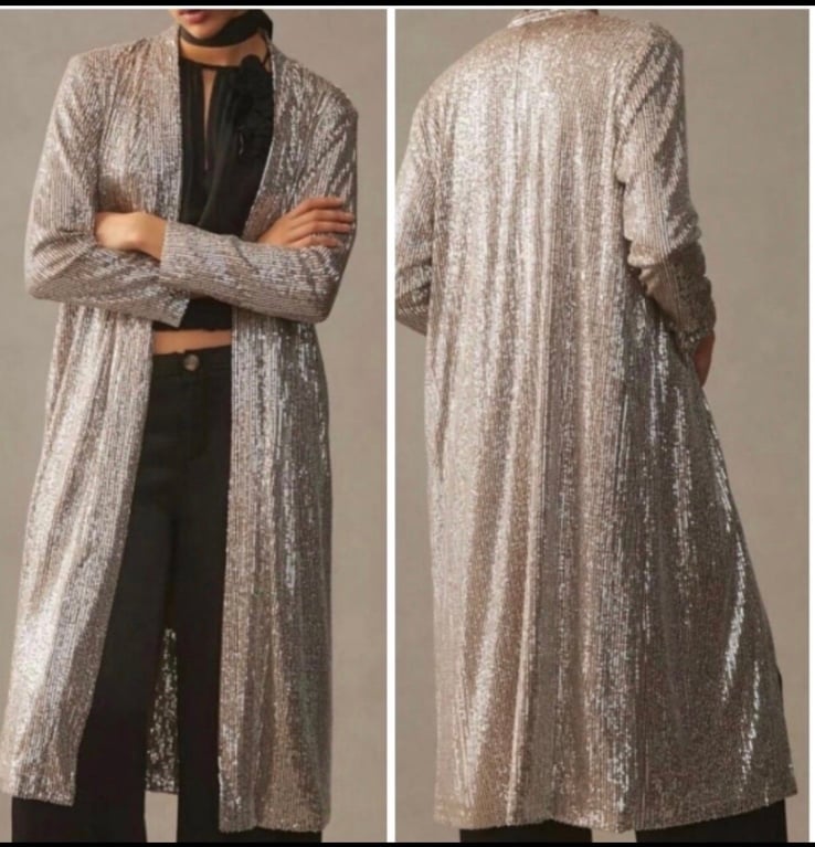 Anthropologie Mare Mare L NWOT Sequin Duster Cardigan Jacket Coat Large Taupe