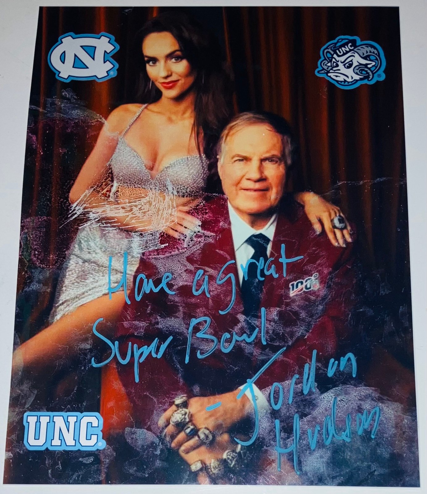 JORDAN HUDSON SIGNED AUTOGRAPHED CUSTOM 8X10 PHOTO BILL BELICHECK GF +INSC RARE!