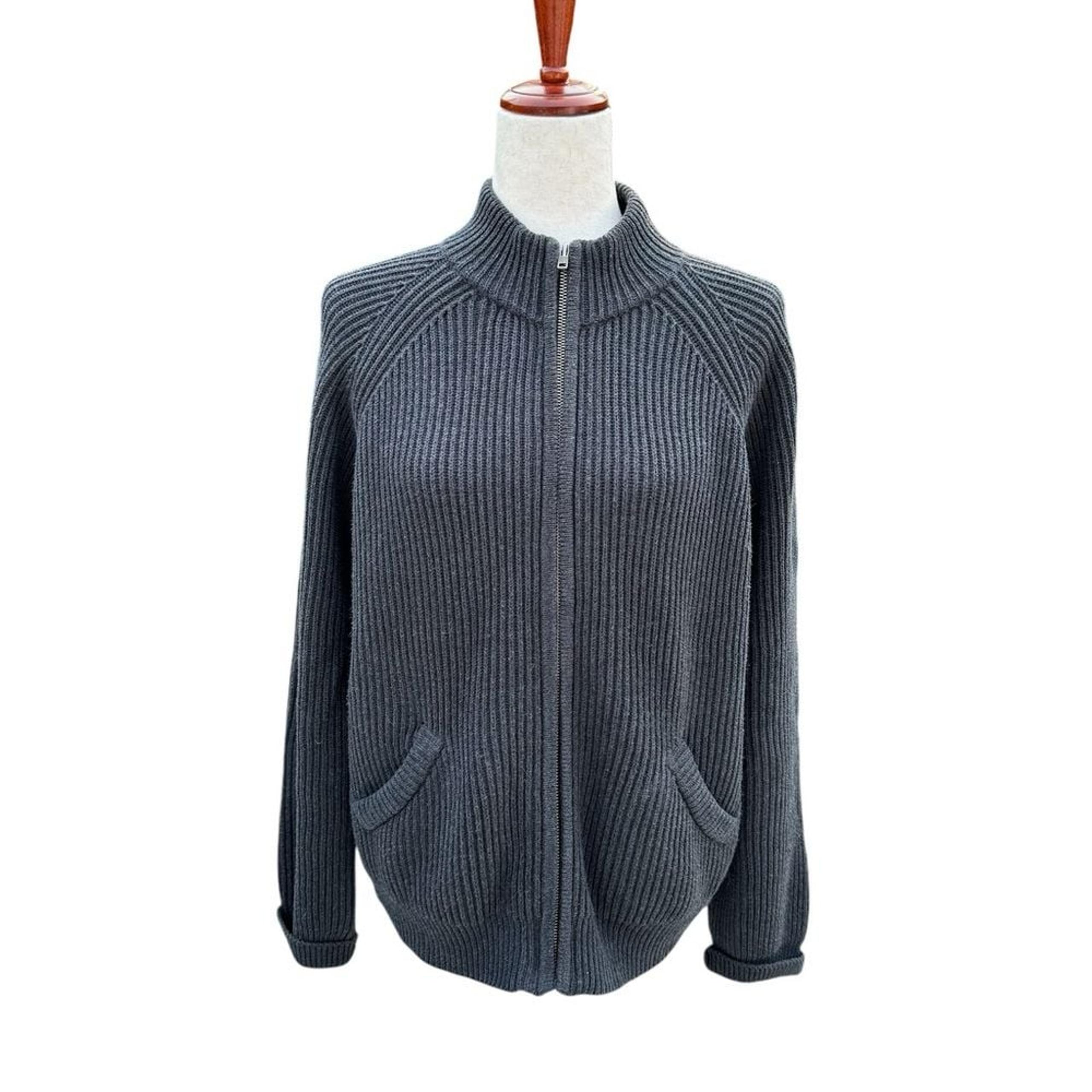 Lauren Ralph Lauren  100% Cotton Sweater Gray Knit Full Zip Size large.