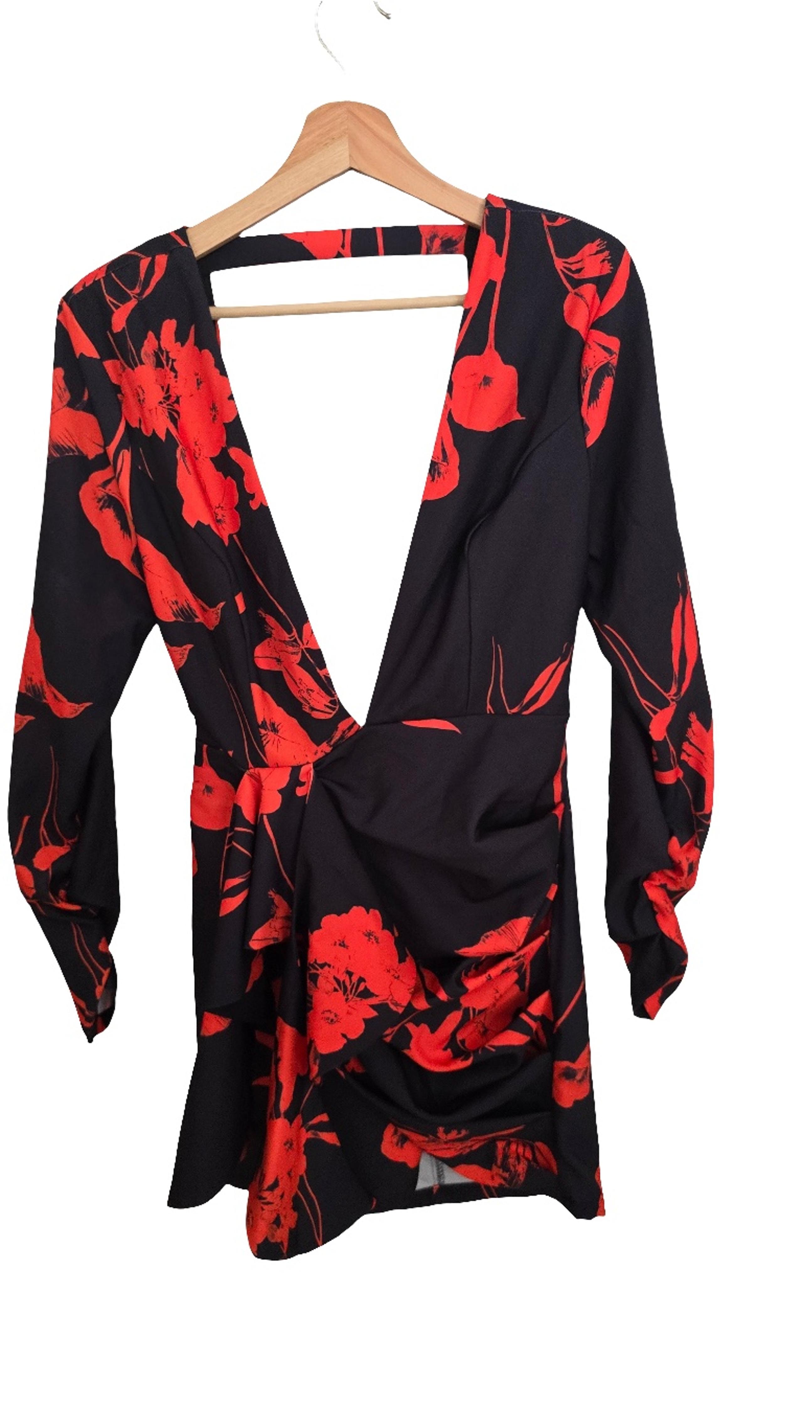 Luxxel Women’s Red & Black Open Back Long Sleeve Dress - Size L