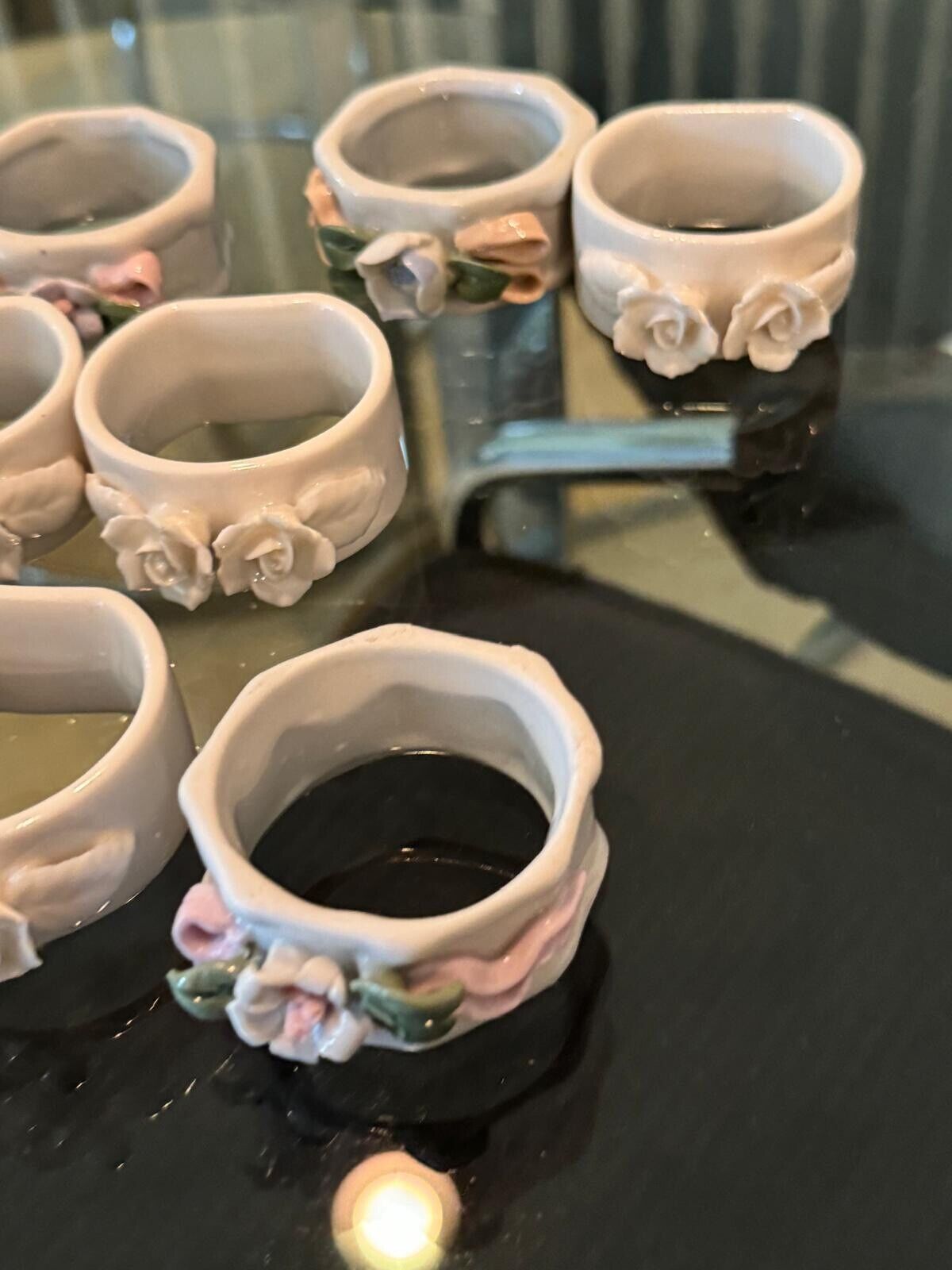 Multiple Set 11 Vintage Porcelain Octagonal Raised Flower & Ribbon Napkin Rings