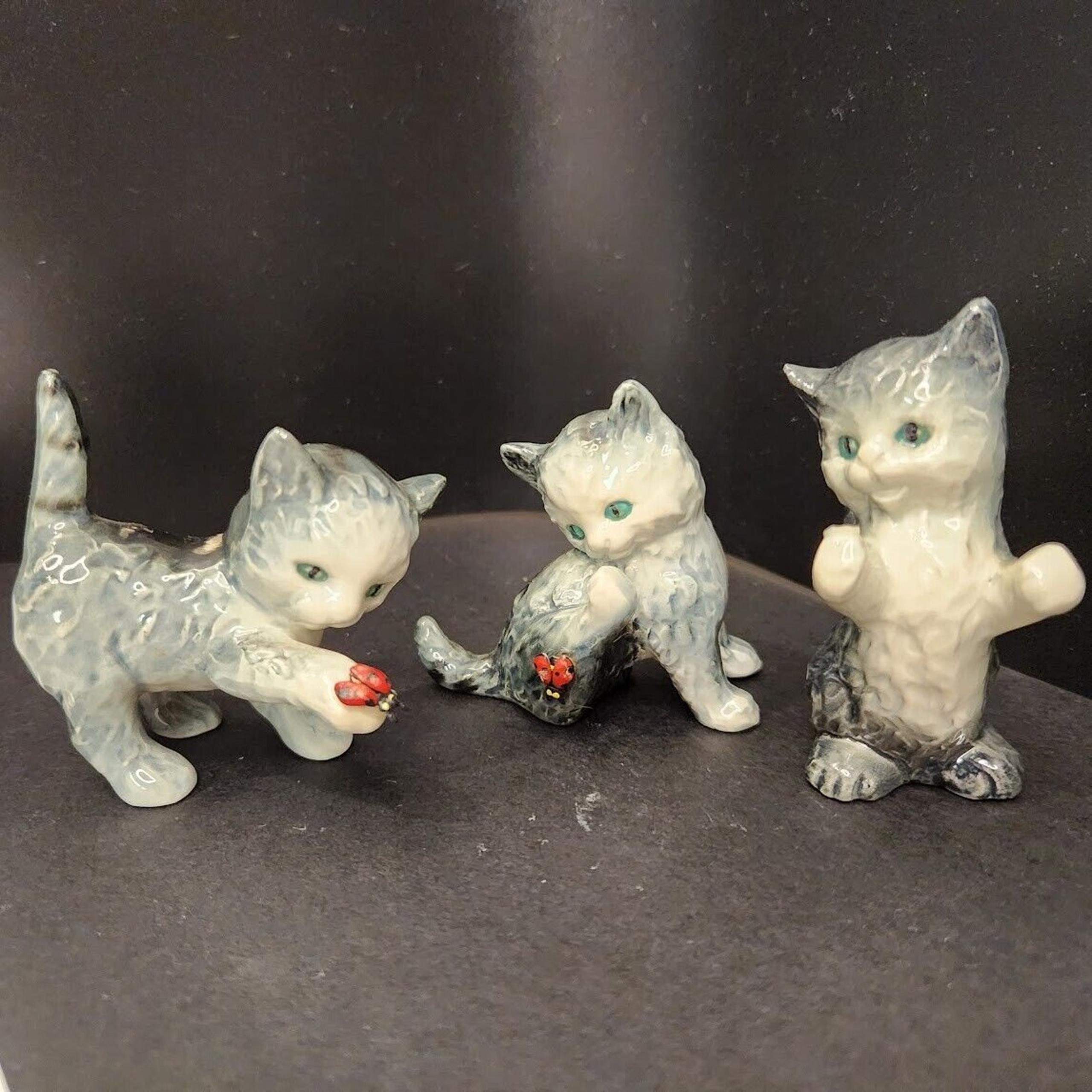 3 Vintage Goebel Gray Kittens Playing Lady Bug West W Germany Figurines ladybug