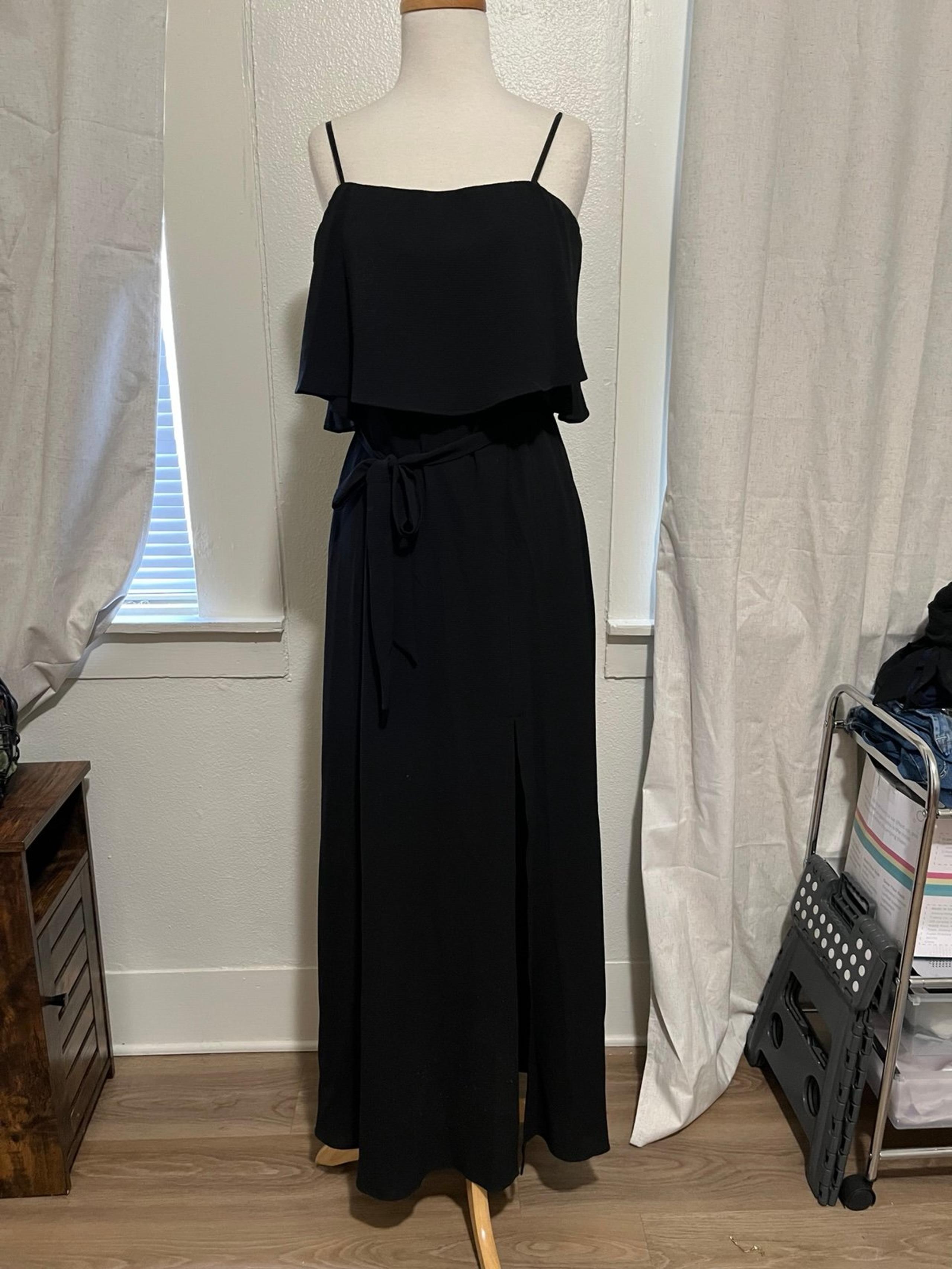 Rebecca b long black strapless dress with thigh slit