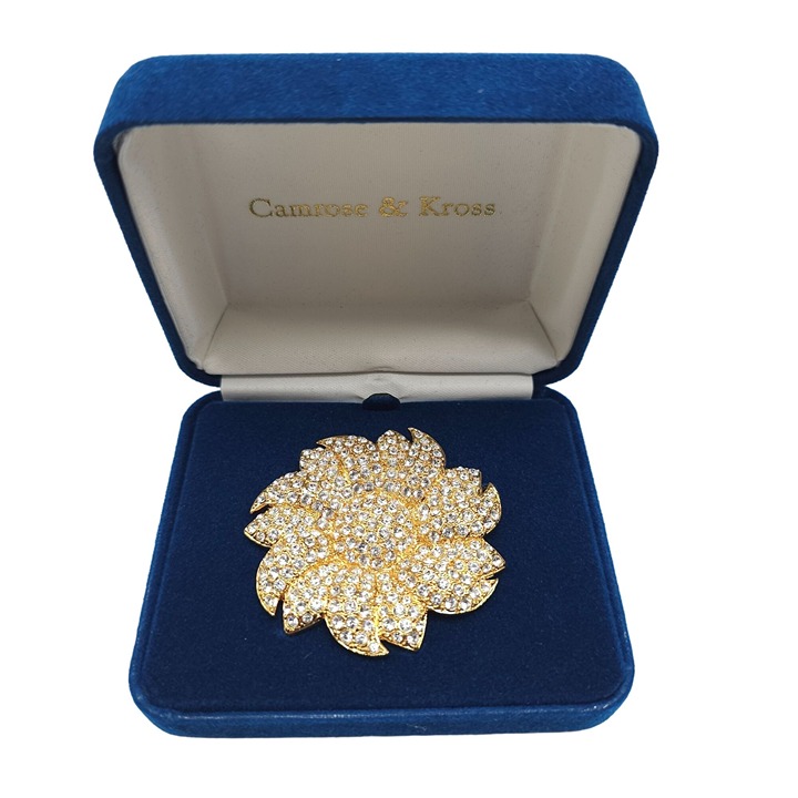 Camrose Kross JBK Gold Tone Clear Crystal Sunflower Brooch In Blue Velvet Box