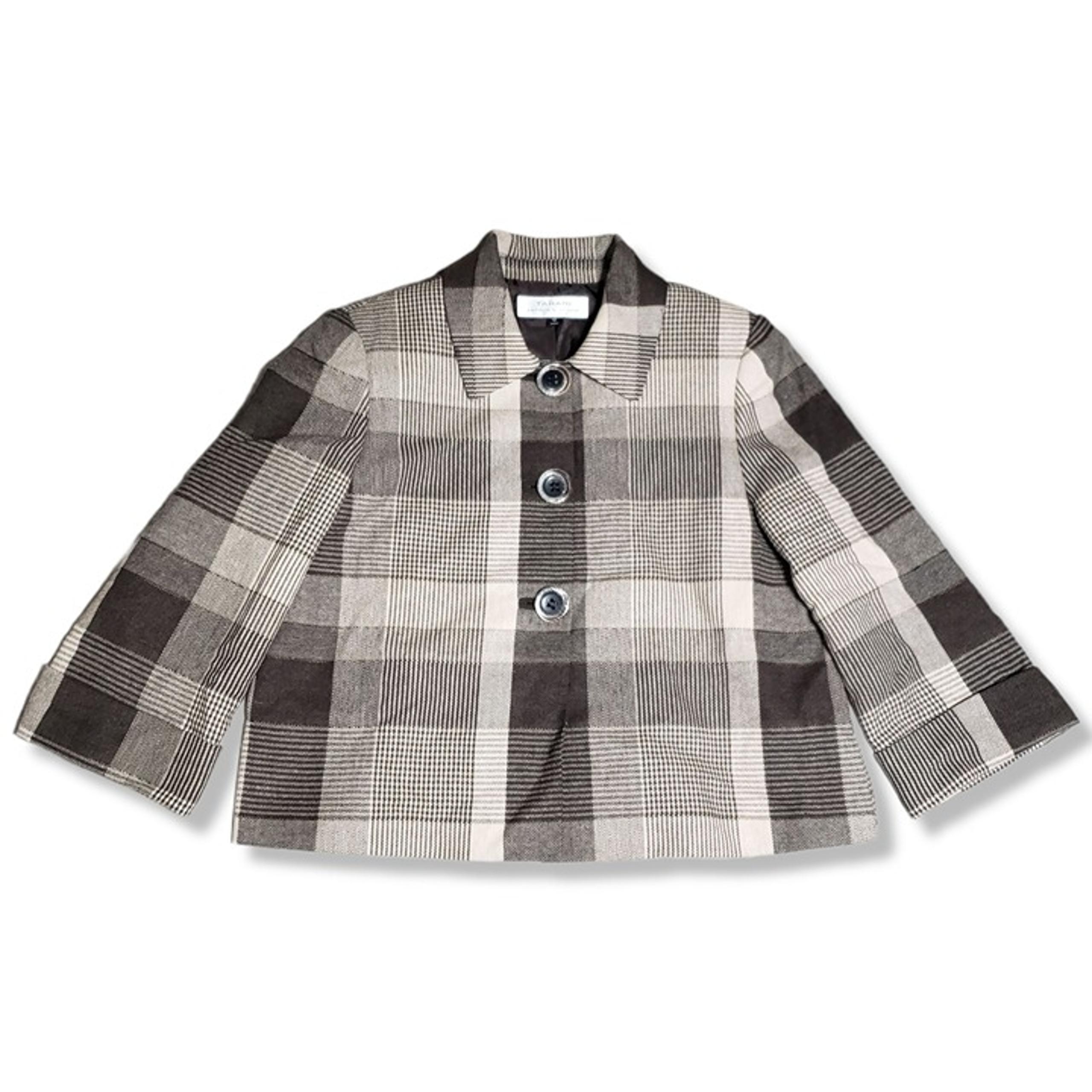 Tahari Wool Blend Cropped Jacket Brown Tan Checked Plaid Coat Womens Size 12