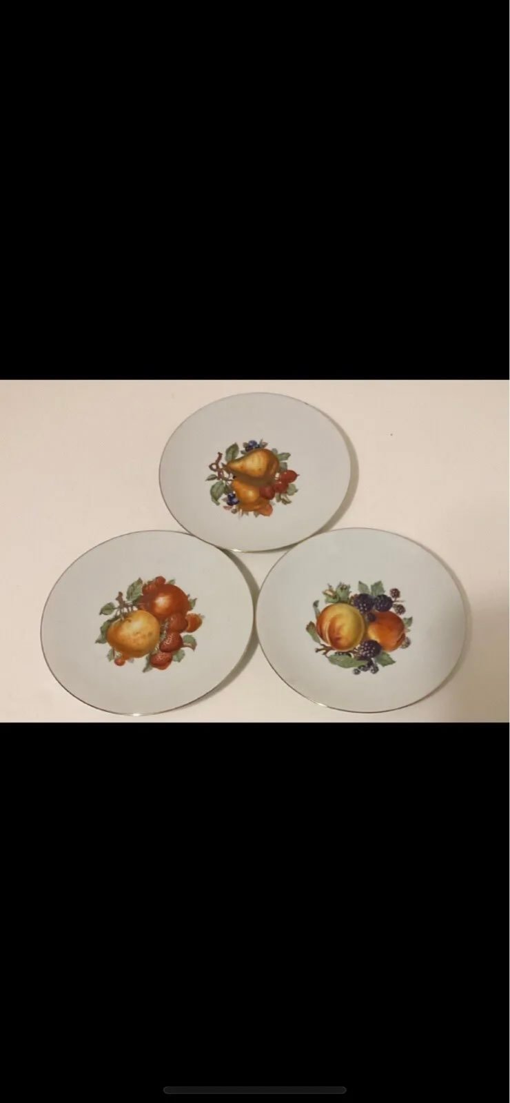 3 Vintage Bareuther Waldsassen Porcelain Salad Plates w/ Gold Trim Fruit.