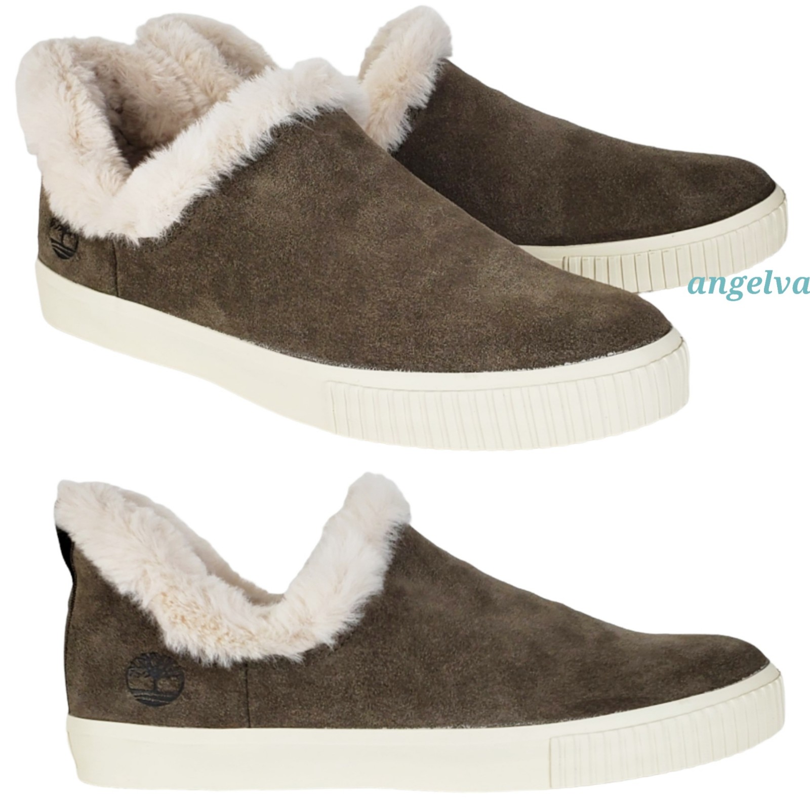 New Timberland skyla bay suede faux fur lining slip on shoes olive off white 6
